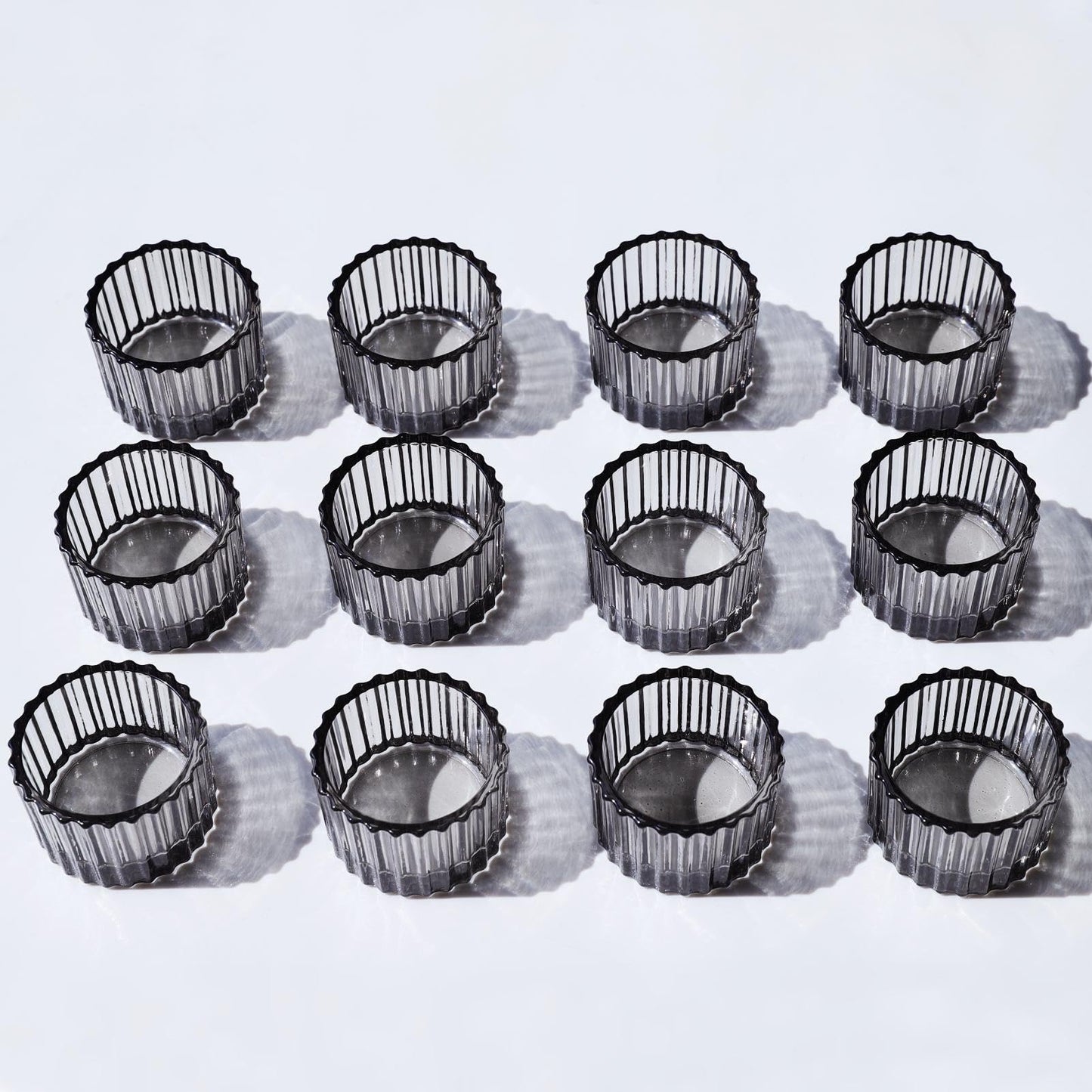 VOHO Classic Grey Tealight Candle Holder for Modern Home Decor, Set of 12 Tea Light Candle Holder Glass Ribbed Gifts for Thanksgiving Holiday, Small Votive Candle Holders for Birthday Themed Party