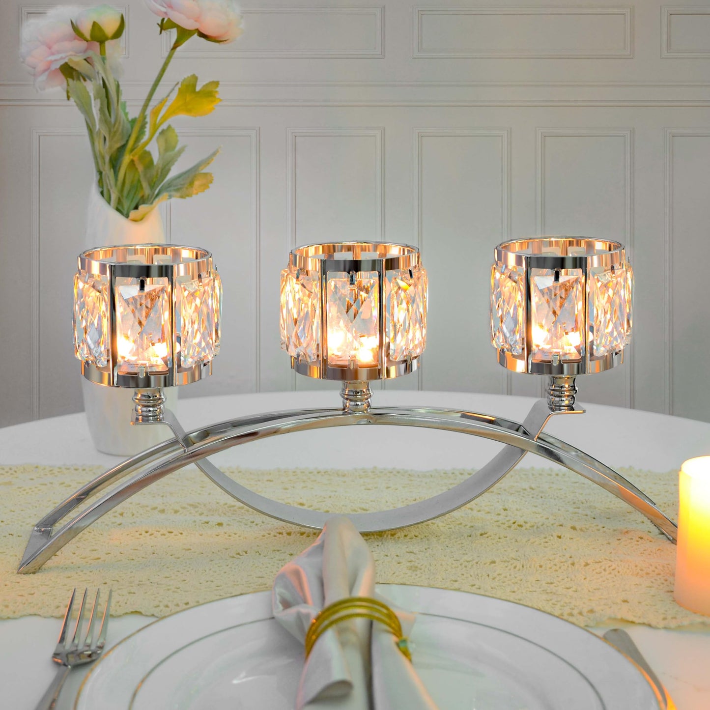 KEHAIL 3 Arms Crystal Candle Holders, Arch Candlestick Table Candelabras Centerpieces for Wedding, Dinning Room, Cabinet Ornaments, Home Decoration， Gift (Silver, 2 Pcs-3 Arm Arched)