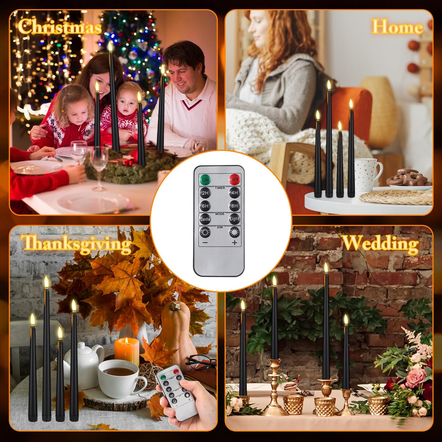 Rossesay 28 Pcs Flameless Taper Candles with Timer Remote 4 Sizes of 8.5", 9.6", 10.83", 12.8" LED Flickering Taper Candles Battery Operated for Valentine's Day Church Wedding Home Decor(Black)