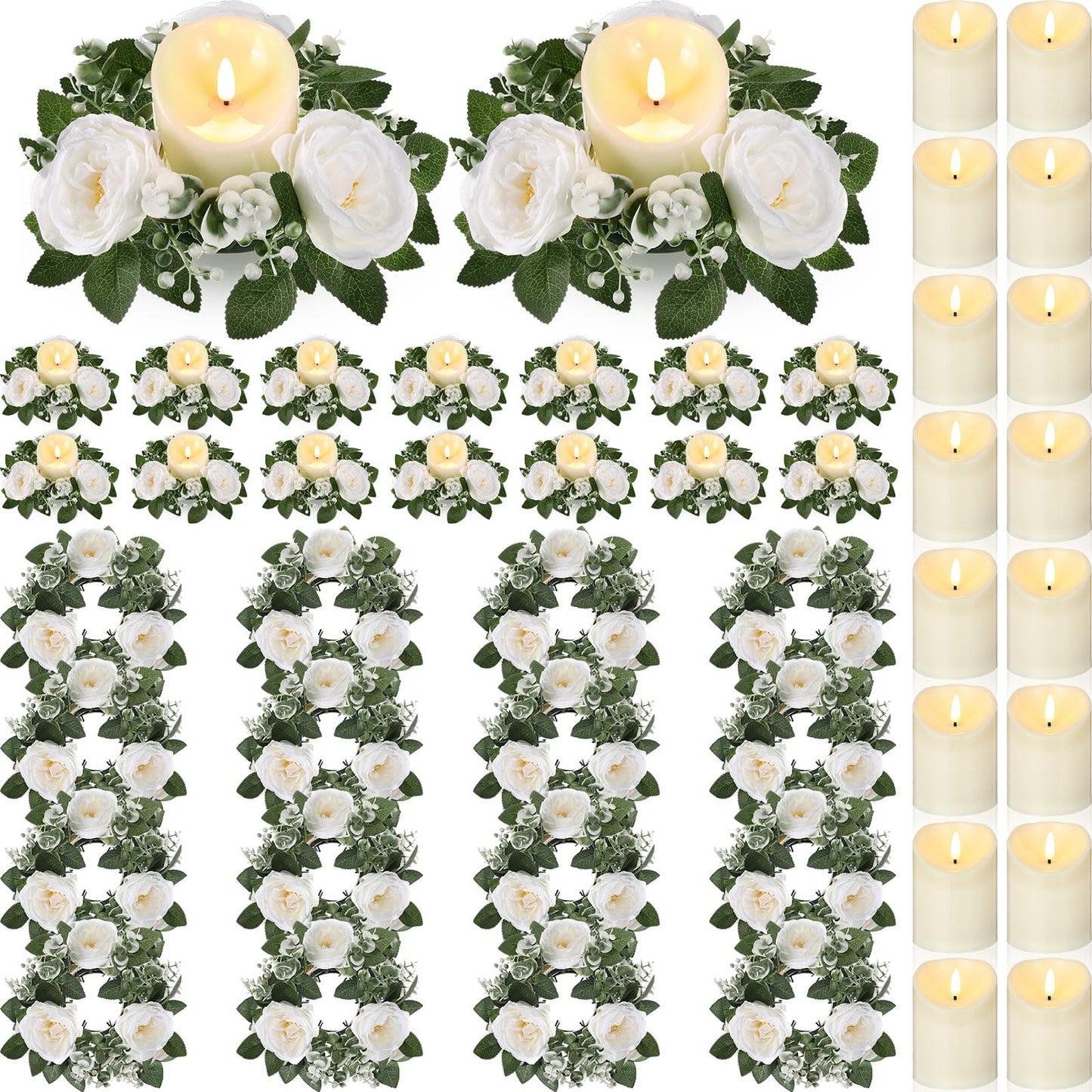 Yunlly 16 Set Rose Candle Rings Wreaths 3 Inch Center with Flameless LED Candles Artificial Rose Light Garland Fake Electric Votive Tealights Bulk Funeral Wedding Table Centerpieces Decor(White)