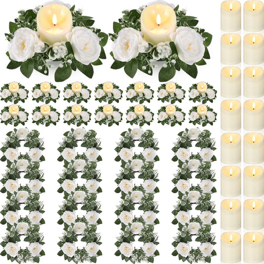 Yunlly 16 Set Rose Candle Rings Wreaths 3 Inch Center with Flameless LED Candles Artificial Rose Light Garland Fake Electric Votive Tealights Bulk Funeral Wedding Table Centerpieces Decor(White)