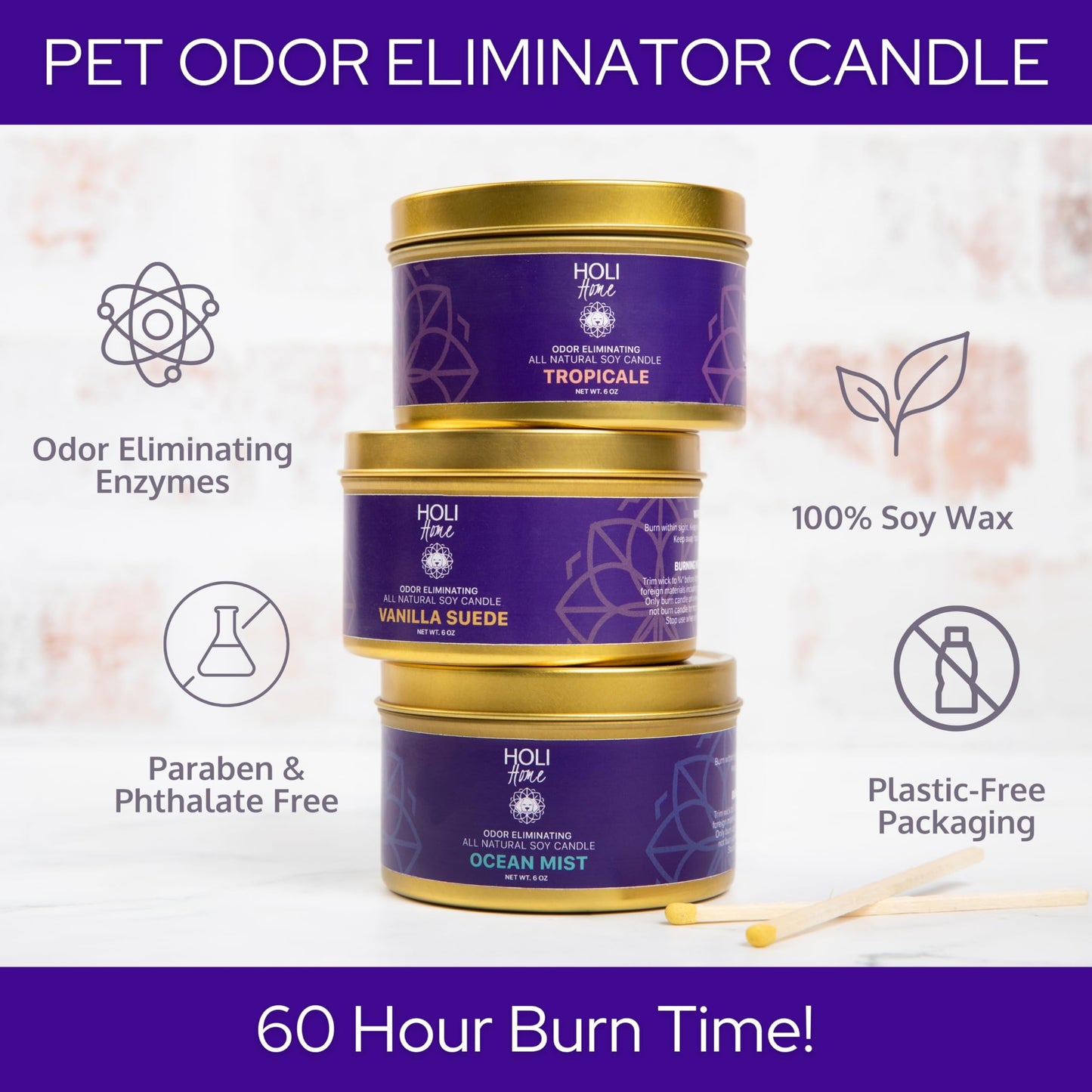 HOLI Pet Odor Eliminator Candle – Ocean Mist Scent – All Natural Soy Wax, Paraben & Phthalate Free, Pet Safe, Long-Lasting 60-Hour Burn, Non-Toxic & Plastic-Free Air Freshener for Home