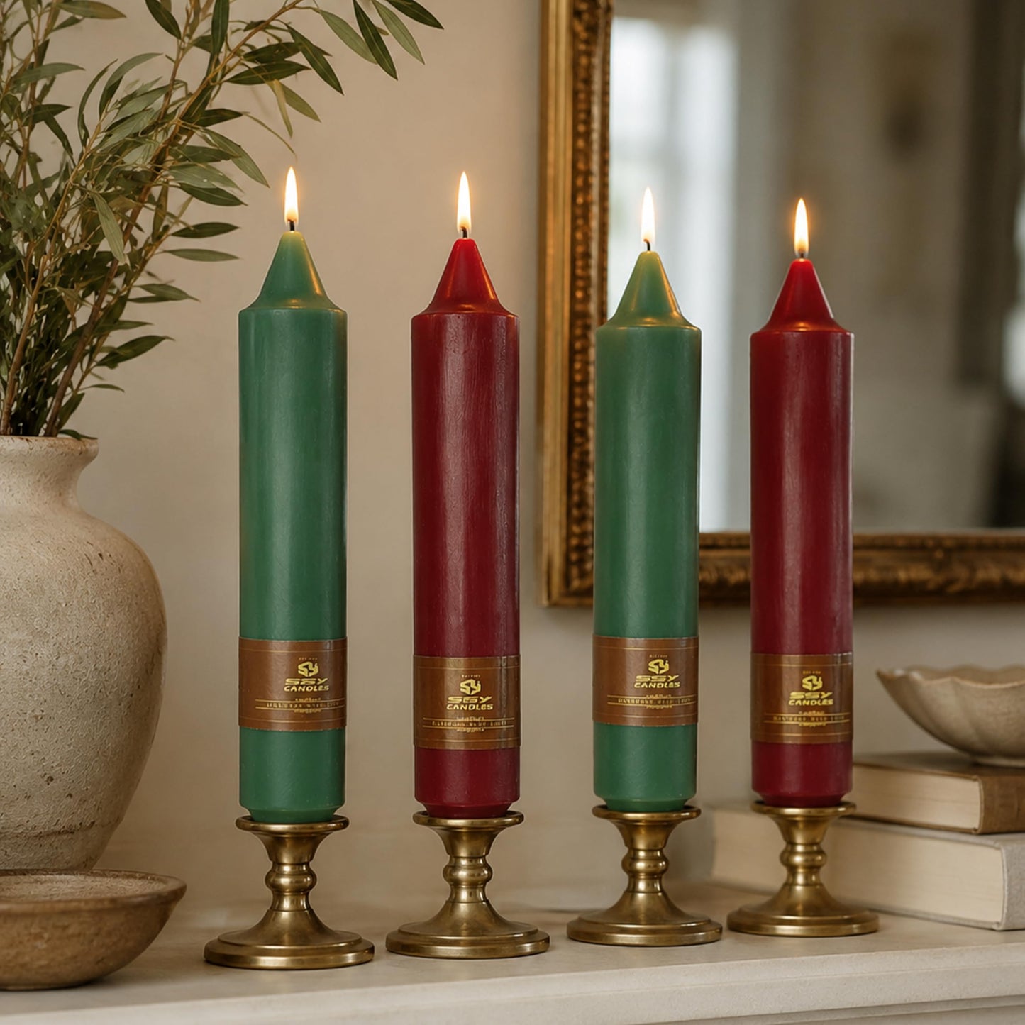 7 Inch Red Green Short Taper Candles Set of 4, Handmade Unscented Tapered Candles, Candle Stick Dinner Candles for Wedding Table Candlesticks Home Decor