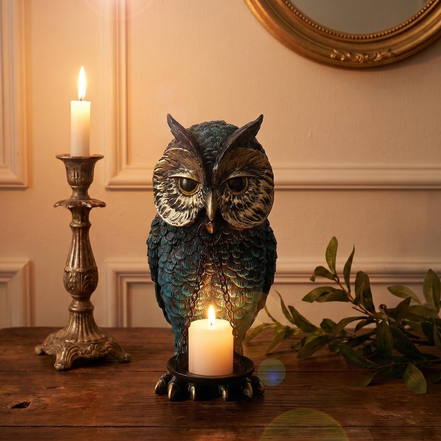 Gothic Home Decor Owl Candle Holder Tealight Stand Resin Statue for Living Room Bedroom Halloween Spooky Ornaments Unique Bird Decor Blue