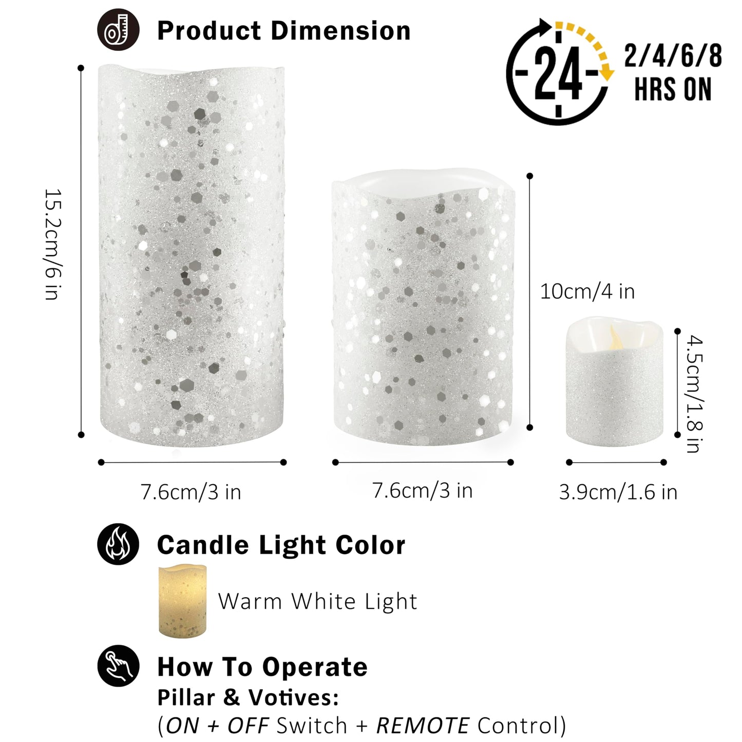 FURORA LIGHTING White Glitter Flameless Candles - Real Wax, Adjustable Brightness, Remote & Timer - 4 Pillars (3x4, 3x6) and 4 Votives, 8-Pack, Battery Operated
