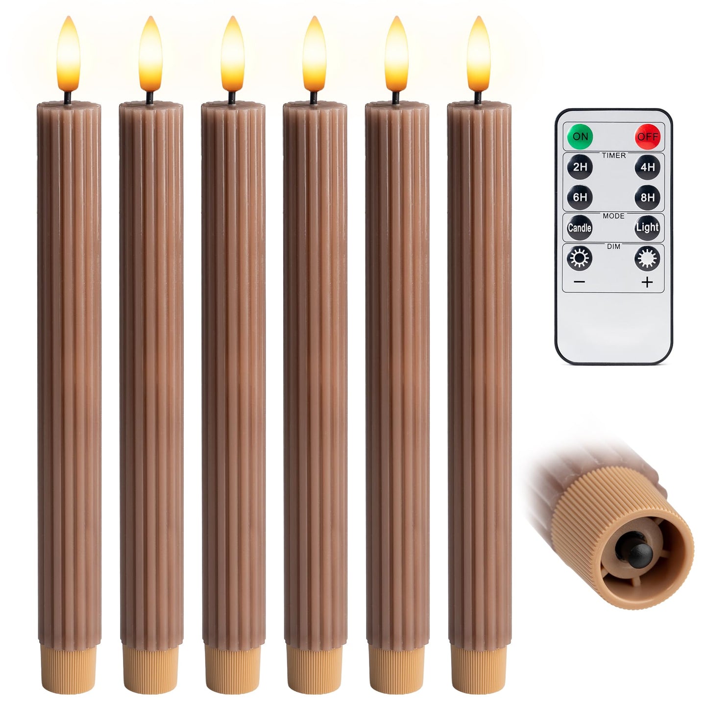 West Ivory 6 Pack, 10" LED Flameless Brown Tan Fluted Ribbed Grooved Taper Candles, Remote & 24h Timer Memory, On/Off Button, Dimmable, Flicker Mode, Battery Operated, Christmas Menorah Wedding