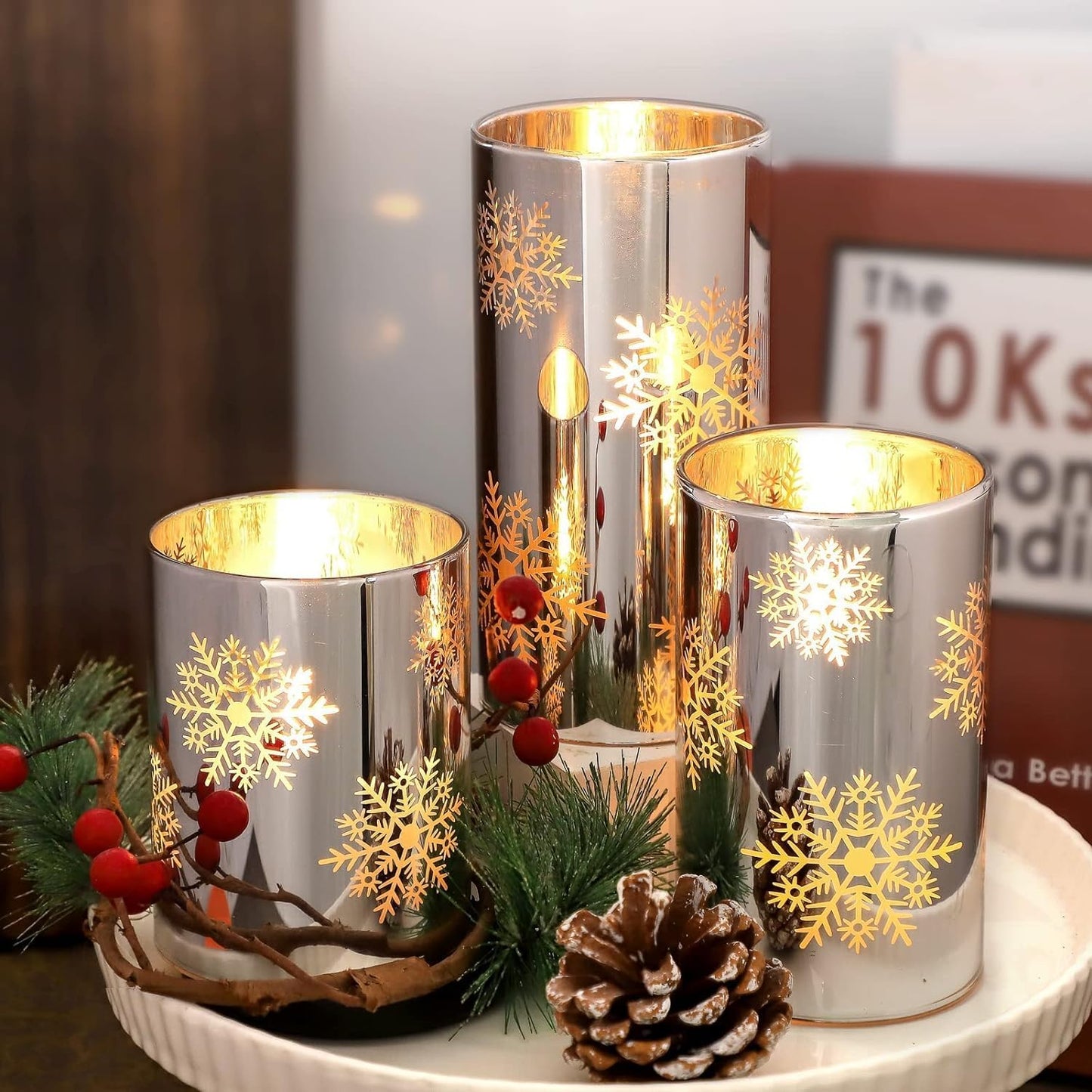 FLAVCHARM Snowflake LED Flameless Candles with Remote and Timer, Electroplate Glass Candles Operated by Battery, Christmas LED Flickering Candles Decoration for Bedroom, Party, Wedding