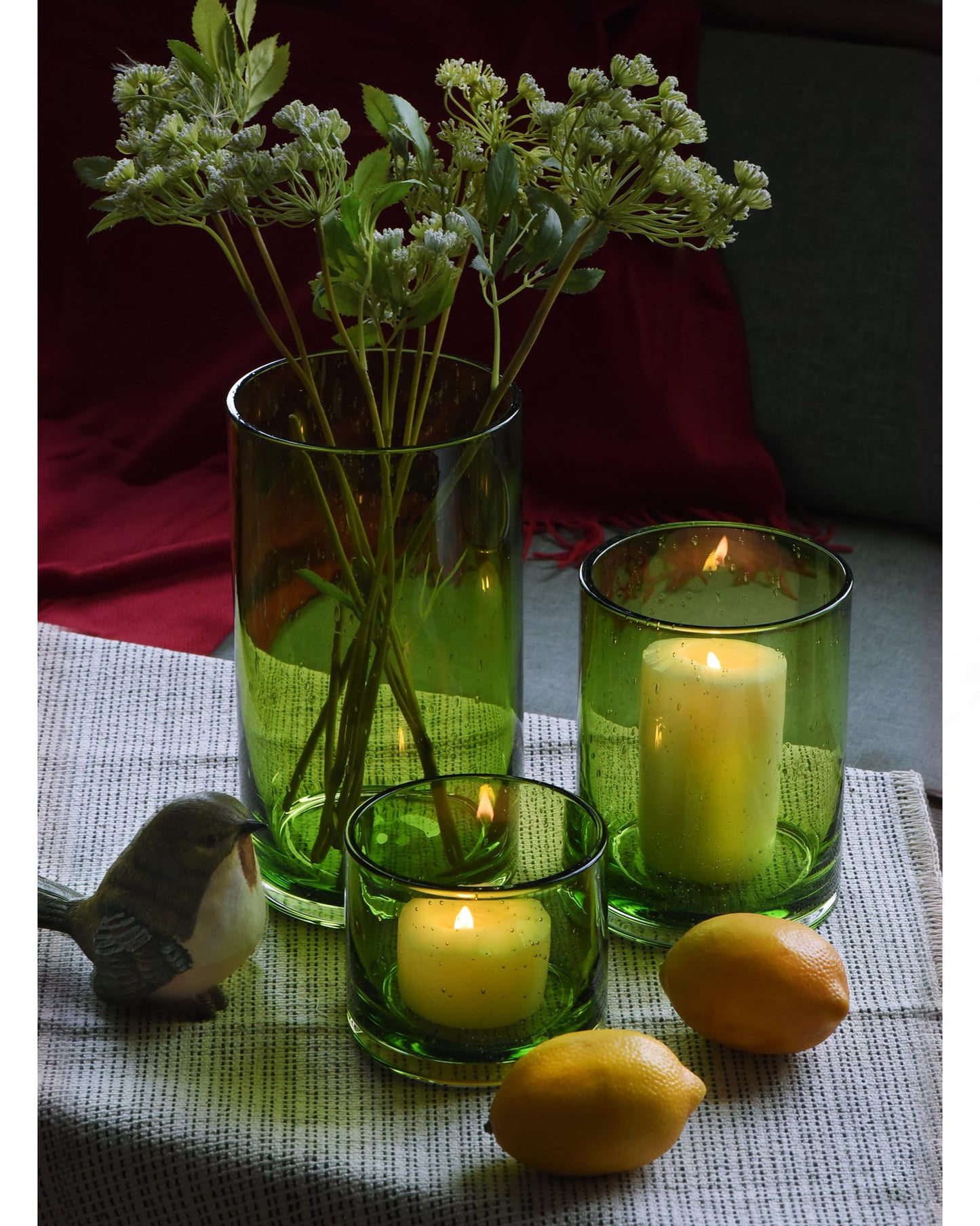 ARIAMOTION Hurricane Candle Holders Set of 3, Spring Green Glass with Seeded Bubbles, Pillar Candle Holders, Cylinder Vase Centerpieces 10" 7" 4" Height