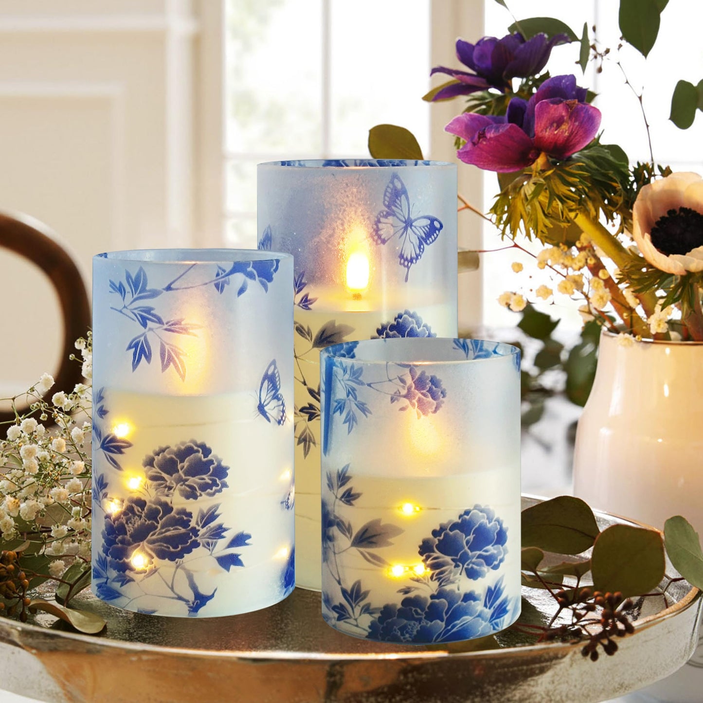 Flickering Flameless Candles Blue Peony Print Embedded Star String Lights, Battery Operated Acrylic LED Pillar Candles with 11-Key Remote and Timer for Home Decoration, 3 Pack