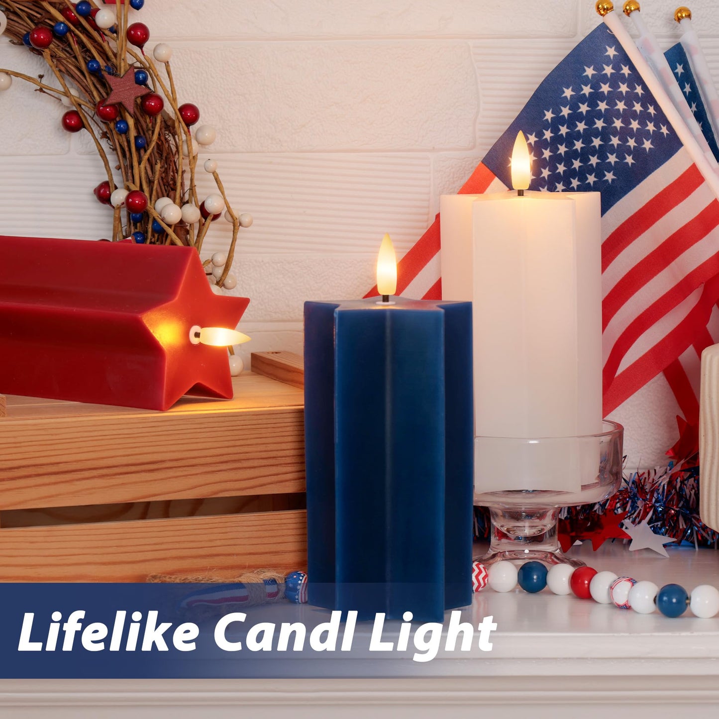 4th of July Flameless Candles with Remote, Red White and Blue Patriotic LED Candles, Battery Operated Star Shaped Decorative Candles for Independence Day Home Party Decor, Set of 3