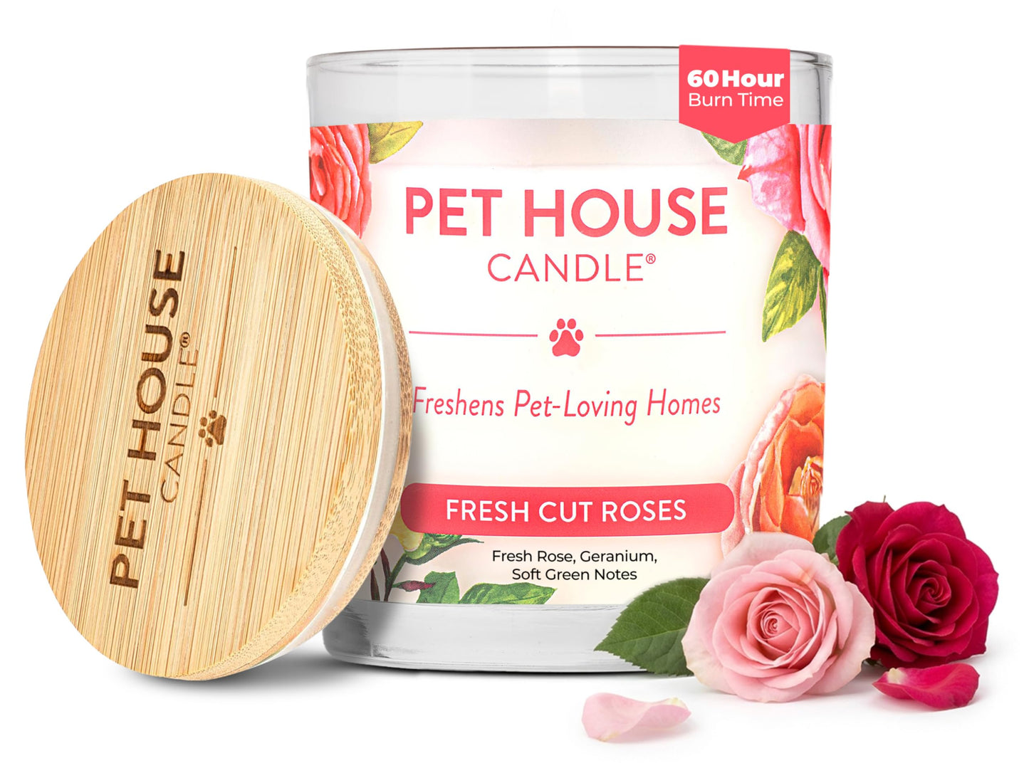 Pet House Candles, Clean Long-Burning, Scented Pet Friendly Candles, Plant-Based, 60 Hour Burn Time - Fresh Cut Roses, 9 oz