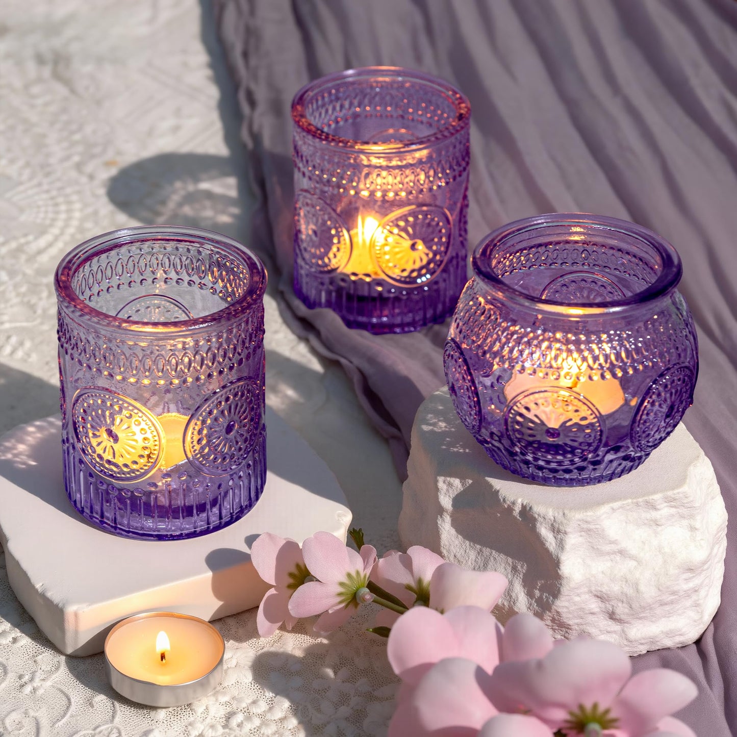 WELLIFE 24-Piece Purple Glass Votive Candle Holders Set – Tealight Candle Holder Glass Bulk with 12 Round & 12 Sunflower Textured Cups, Purple Votive Candle Holders for Weddings, Parties, Home