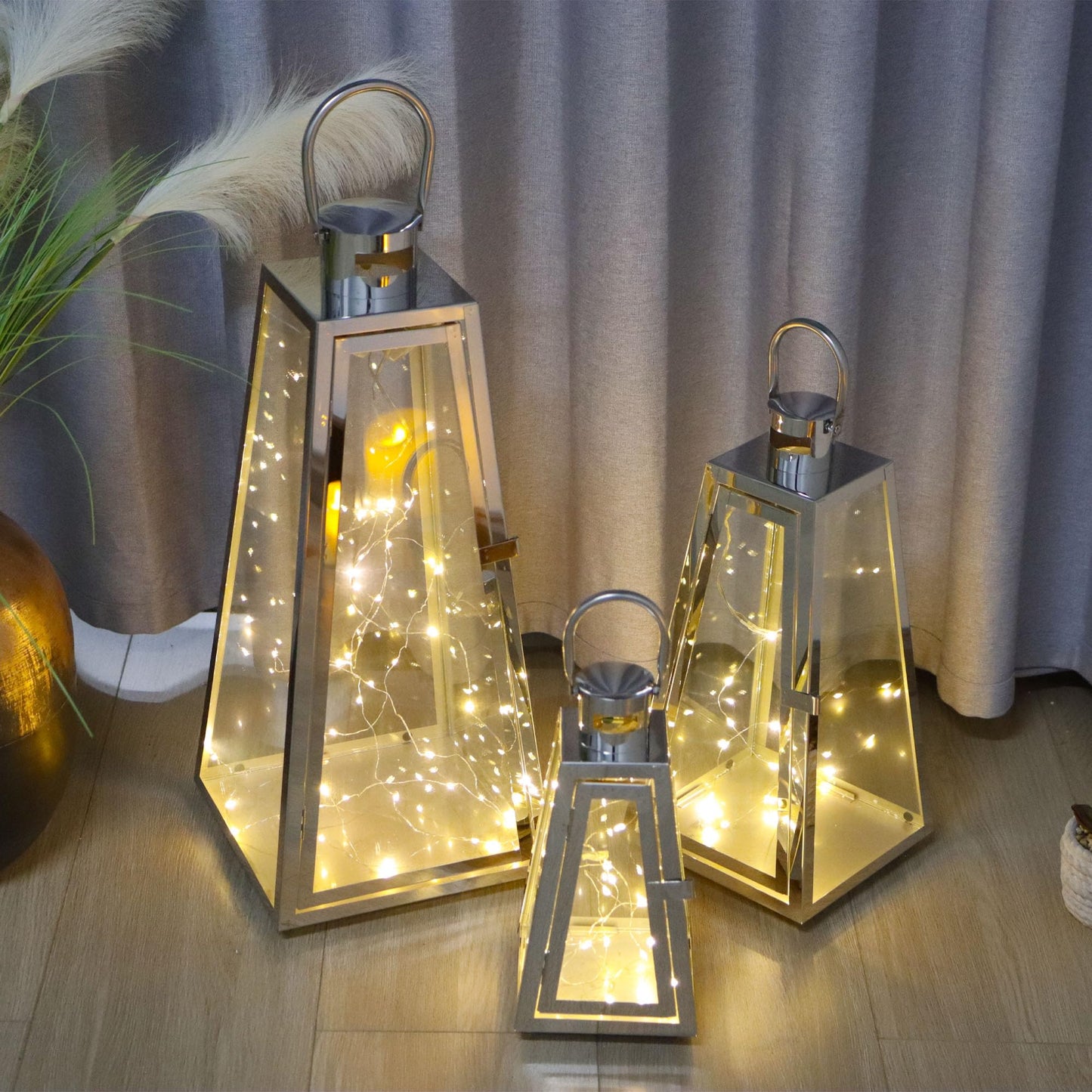 TRIROCKS Set of 3 Stainless Steel Candle Lantern 21''&16''&11'' High Metal Candle Holder with Tempered Glass Panels for Christmas Home Decor Living Room Parties Events Indoors Outdoors (Silver