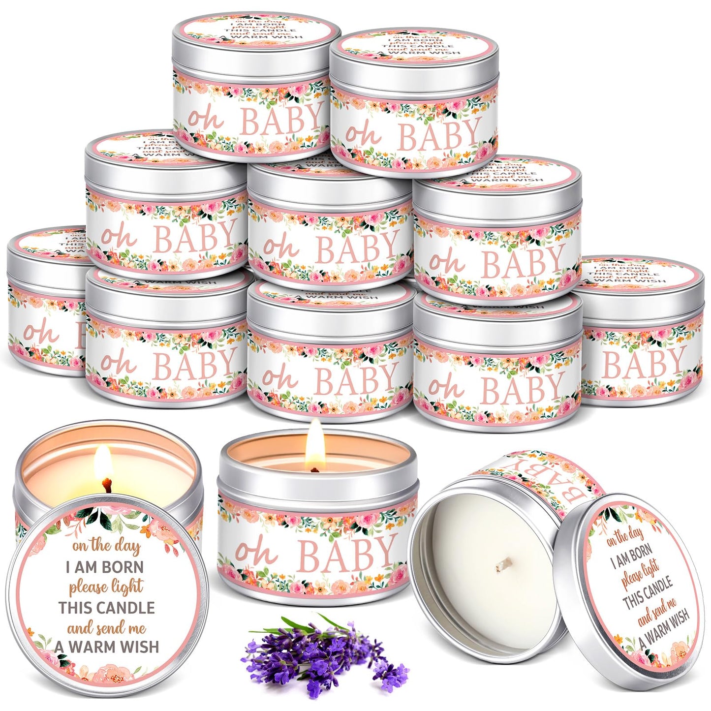 Funtery 12 Pcs Baby Shower Party Favors for Guests Baby Shower Candles Lavender Scented Candle Rustic Tealights Candles Gender Reveal Return Gifts(Floral)