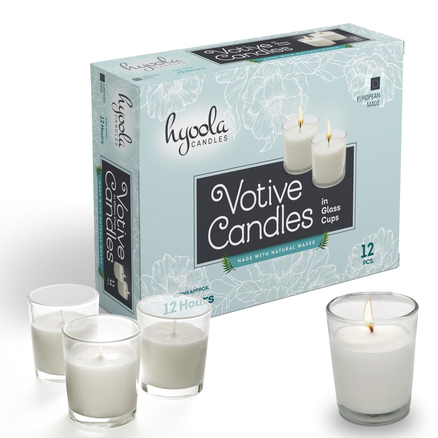 Hyoola White Votive Candles in Glass - Pack of 12 Votive Candle - 12 Hour Burn Time - Unscented Votive Candles - European Made Glass Votives