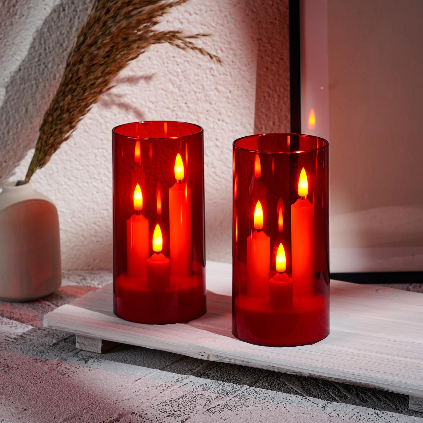 2 Pack 3D Wick Flameless Taper Candles, Red Transparent Acrylic Cover LED Flickering Candle Lights, Remote Control Battery Operated Electric Candles for Valentine Wedding Christmas Home Table Decor.