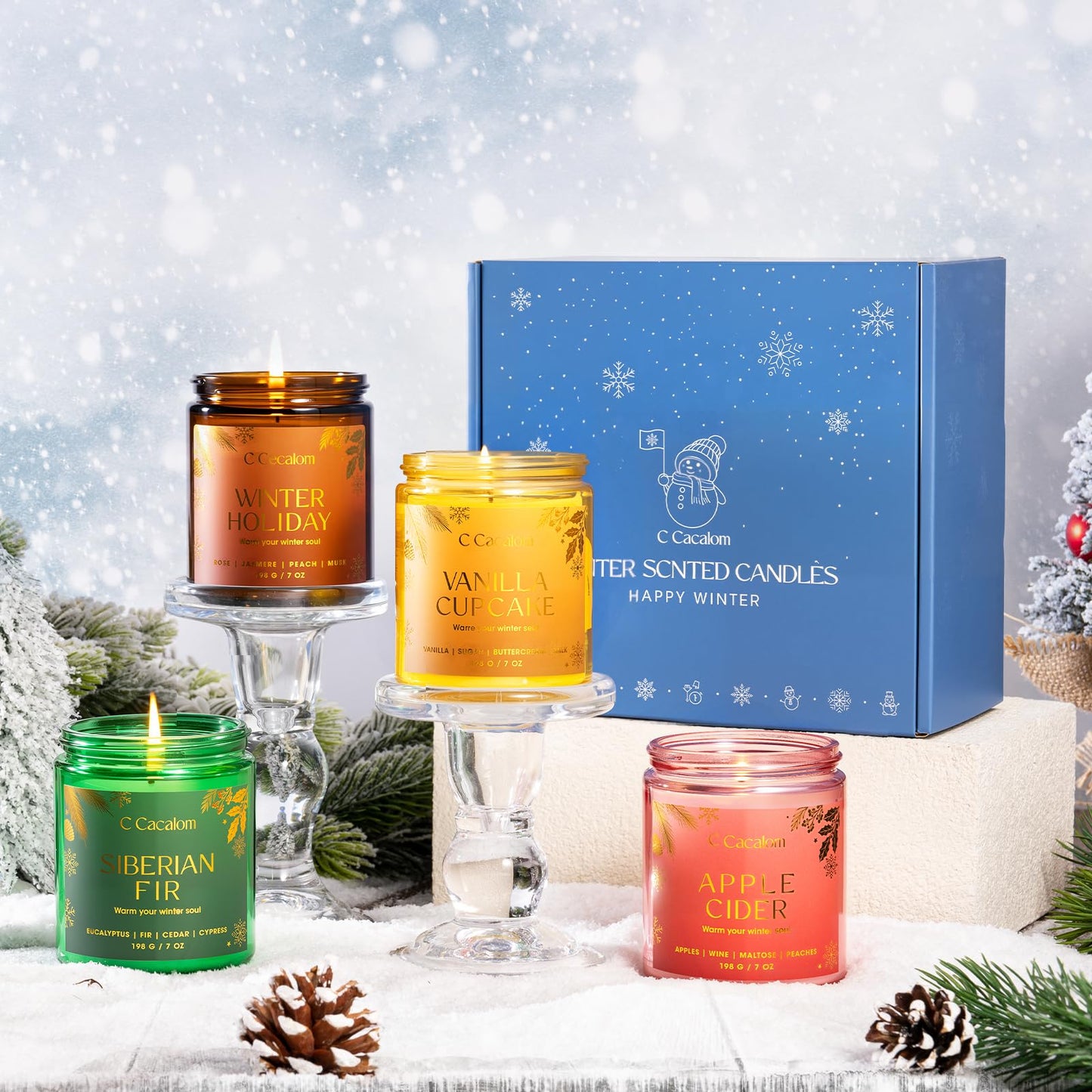 Winter Scented Candles, Holiday Candles for Home, Aromatherapy Soy Candles Gifts Set for Women Men, Vanilla/Fir/Apple Cider/Winter Holiday