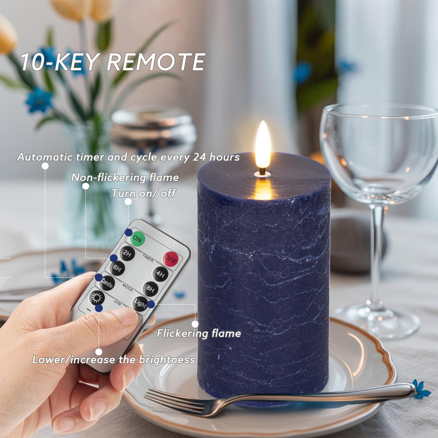 AFINETH Blue Flameless Pillar Candles, Battery Operated Candles with Remote, Real Wax Flickering LED Candles for Home Party Wedding Holiday Decor, Set of 4, Φ 3" H 4" 5" 6" 8"