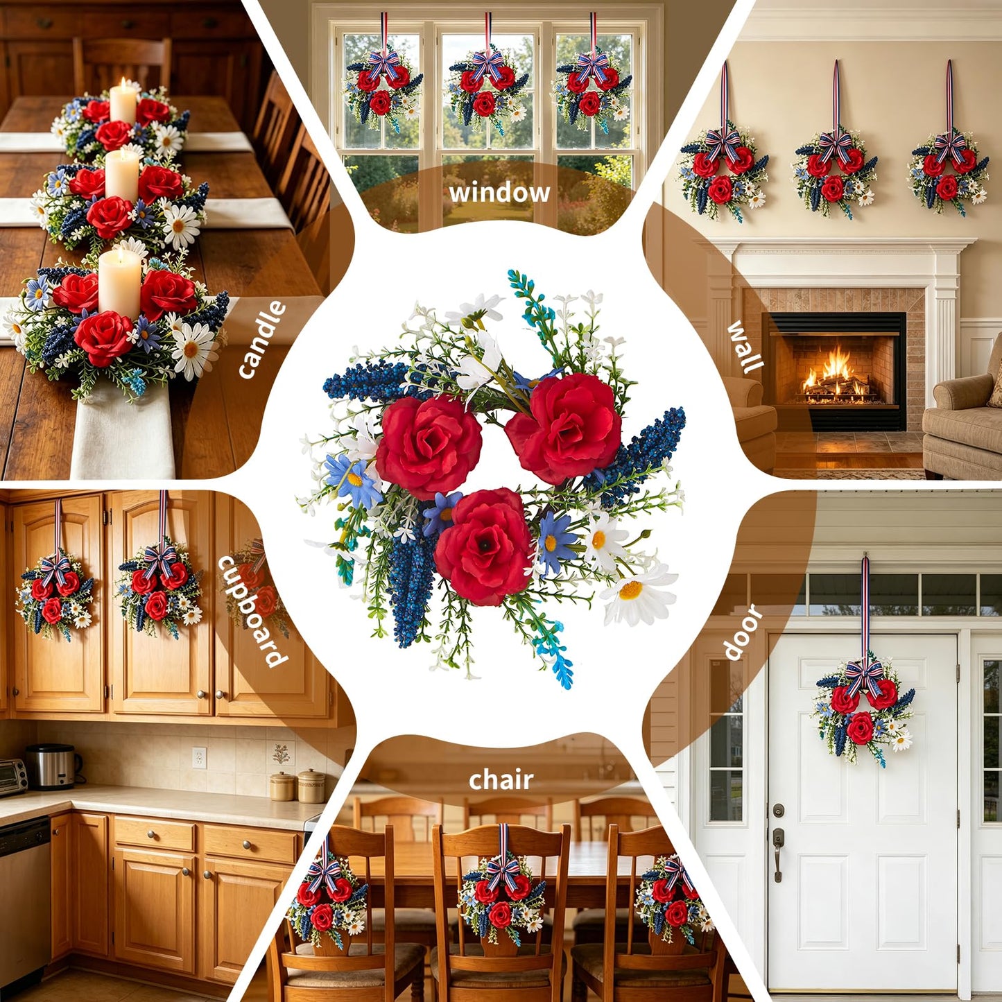 Mini 4th of July Wreath 6Pcs, 11.8 Inch Small Patriotic Wreath with Ribbon, Artificial Rose Lavender Daisy Wreath, Hanging/Tabletop/Candle Ring Decor for Home Front Door, Porch, Wall, Window, Cabinets