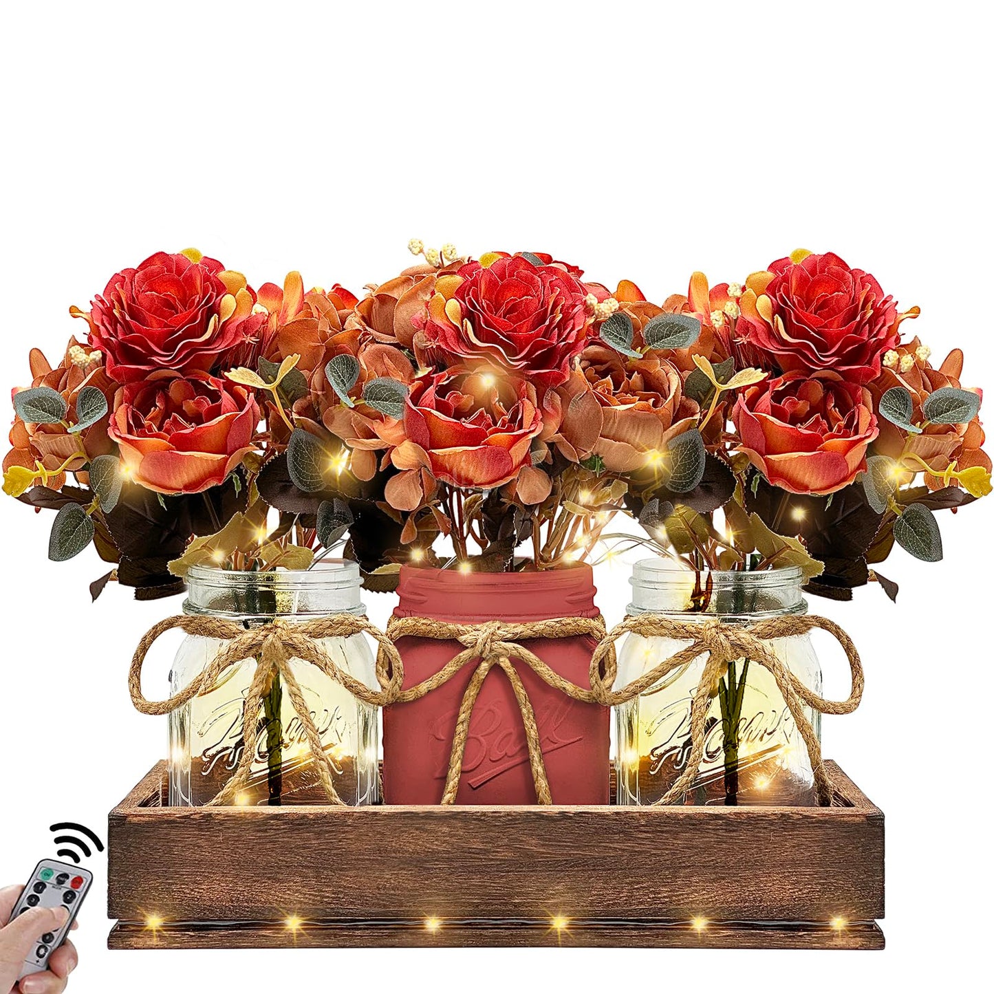 HOMECOR Mason Jar Light Centerpiece Table Decor for Dining Room - Farmhouse Centerpiece Table Decorations with Wood Tray and Remote Control LED Lights for Coffee Table Decor Living Room Wedding