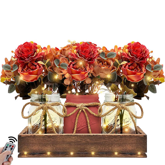 HOMECOR Mason Jar Light Centerpiece Table Decor for Dining Room - Farmhouse Centerpiece Table Decorations with Wood Tray and Remote Control LED Lights for Coffee Table Decor Living Room Wedding