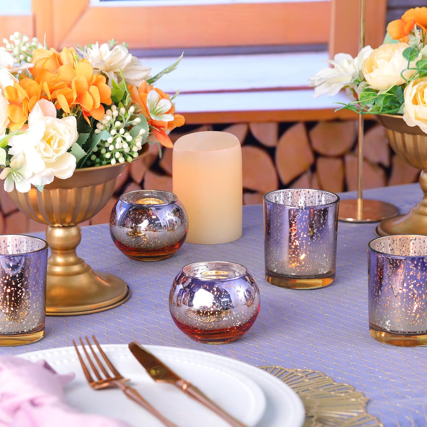 Volens 30pcs Assorted Purple Votive Candle Holders Bulk, Large Mercury Glass Votive for Wedding Table Centerpieces, Purple and Gold Themed Party Decorations and Home Decor