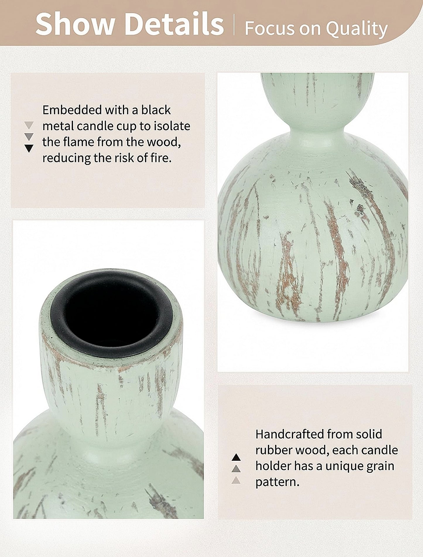 NUPTIO Candle Stick Holders Decor: Set of 3 Farmhouse Wooden Taper Candle Holders - Rustic Sage Green for Home Coffee Dinner Table