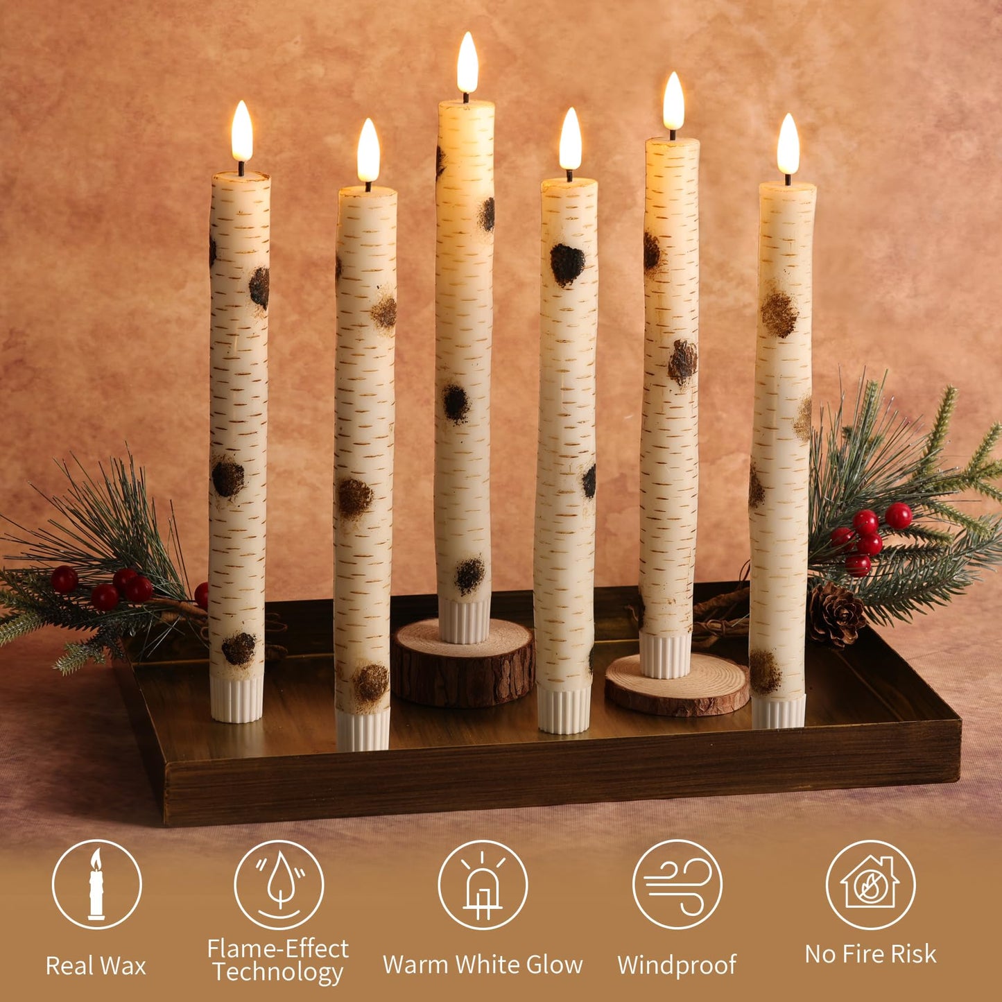 Girimax Birch Bark Flameless Taper Candles with Remote, Flickering Battery Wood LED Candlesticks Set of 6