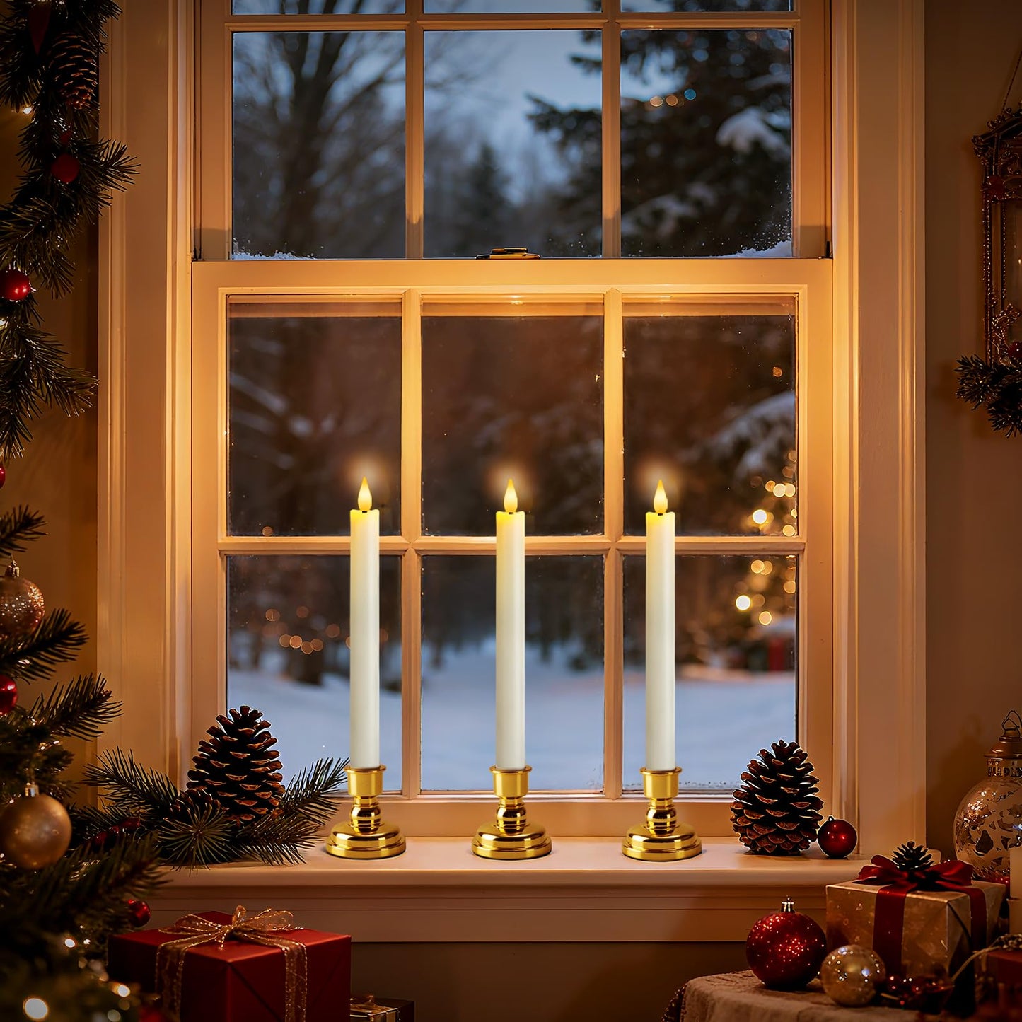 Meigic 6 Pcs Window Candles with Remote and Timer, White Battery Operated Candlesticks with Gold Holders, LED Christmas Candle for Window Home Xmas Holiday Decor