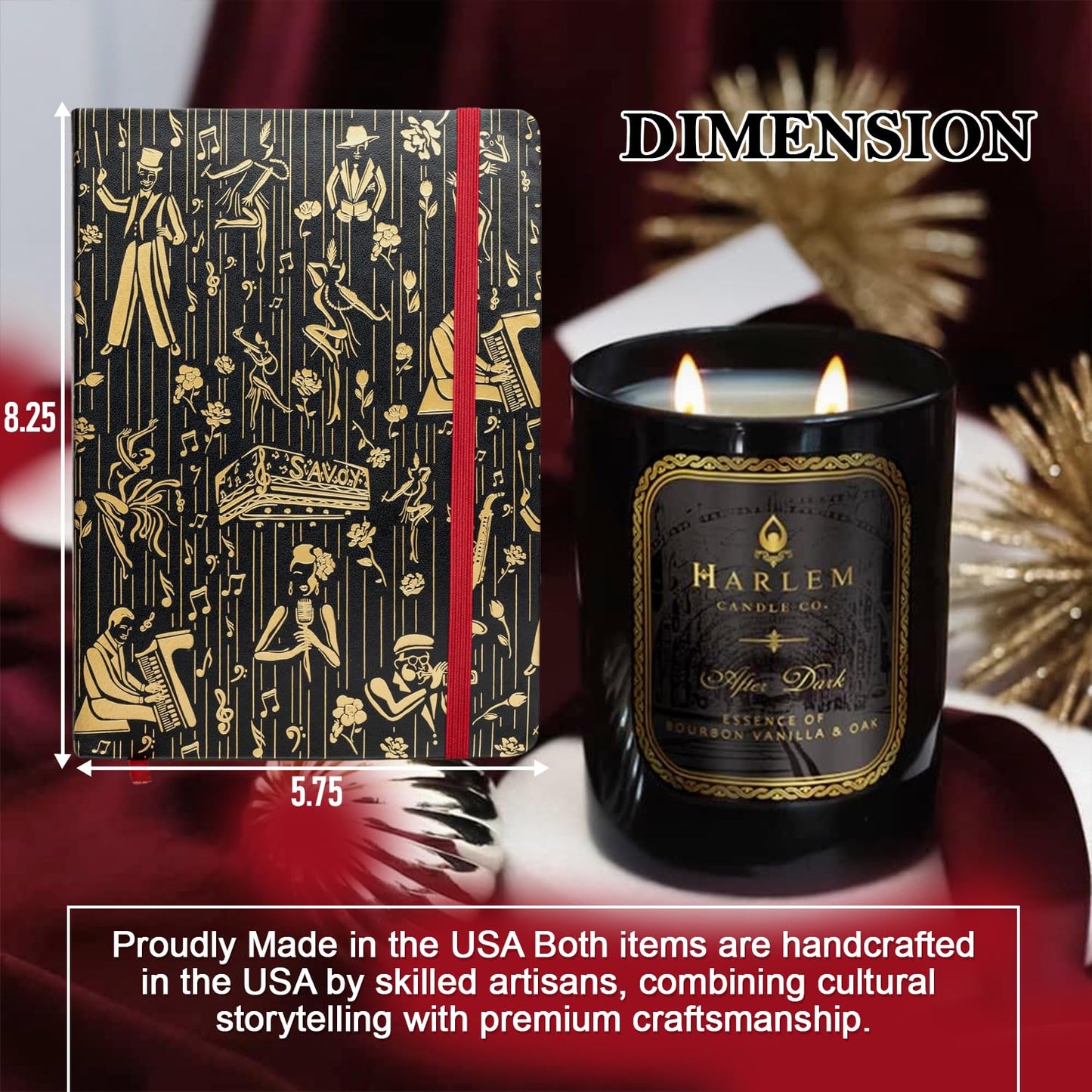 HARLEM CANDLE CO. Luxury Gift Set – After Dark Scented Soy Candle (11 oz) & Black/Gold Vegan Leather Journal (300 Pages) – Elegant Home & Writing Gift Bundle