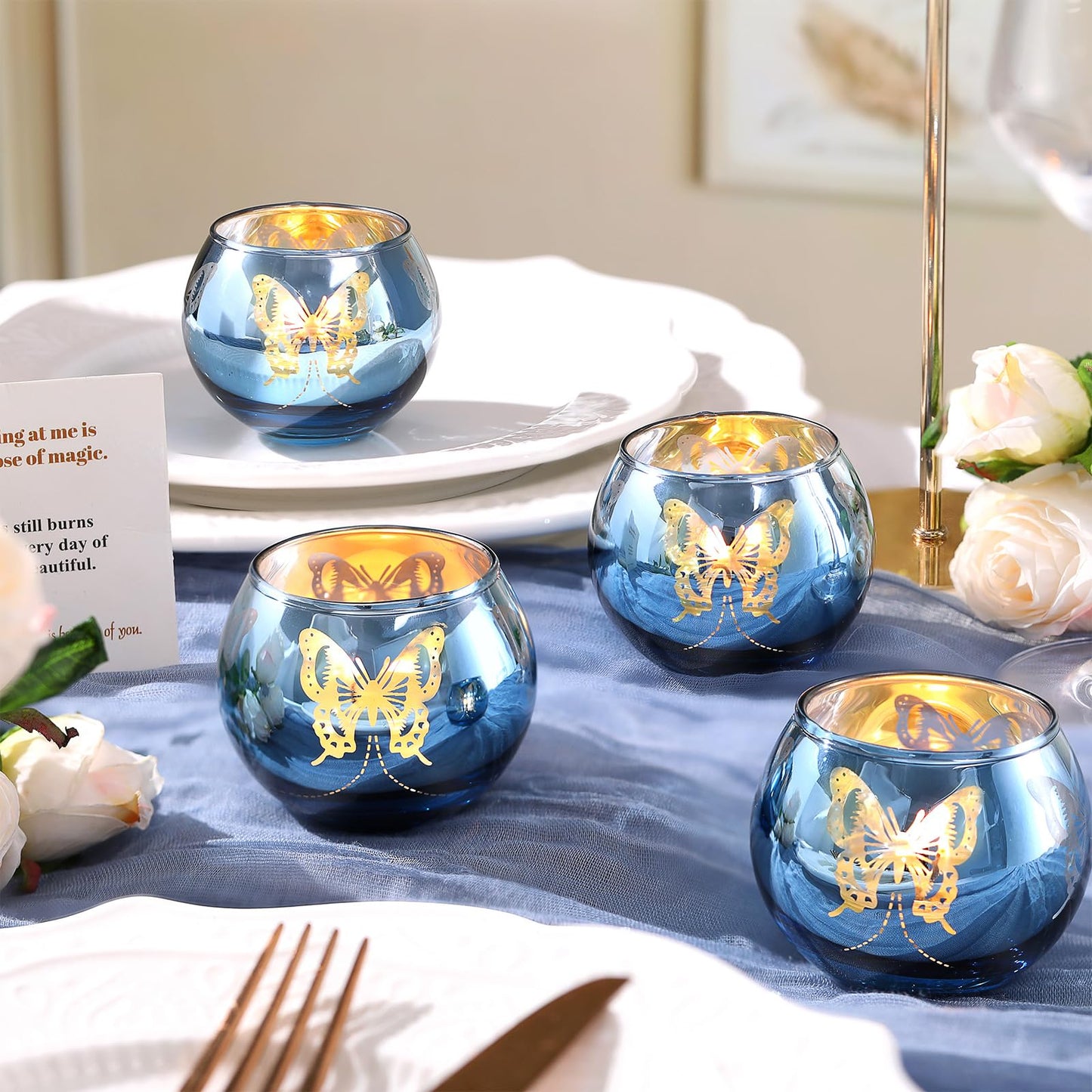 Blue Votive Candle Holders Set, 12 PCS Tea Lights Candle Holder Decorative Bulk with Butterfly Pattern, Candle Holders for Wedding, Blue Bridal Shower, Parties, and Holiday Decorations