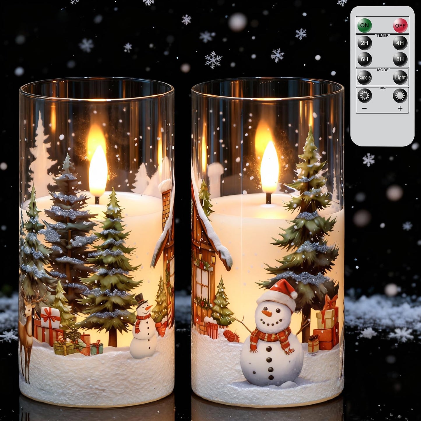 KunSween Christmas Candles with Remote Timer, Set of 2 LED Glass Flameless Candles Battery Operated with Cedar, Snowman, Reindeer, Snowy House Decals for Holiday Winter Party Home Decor(D6” x H3”)