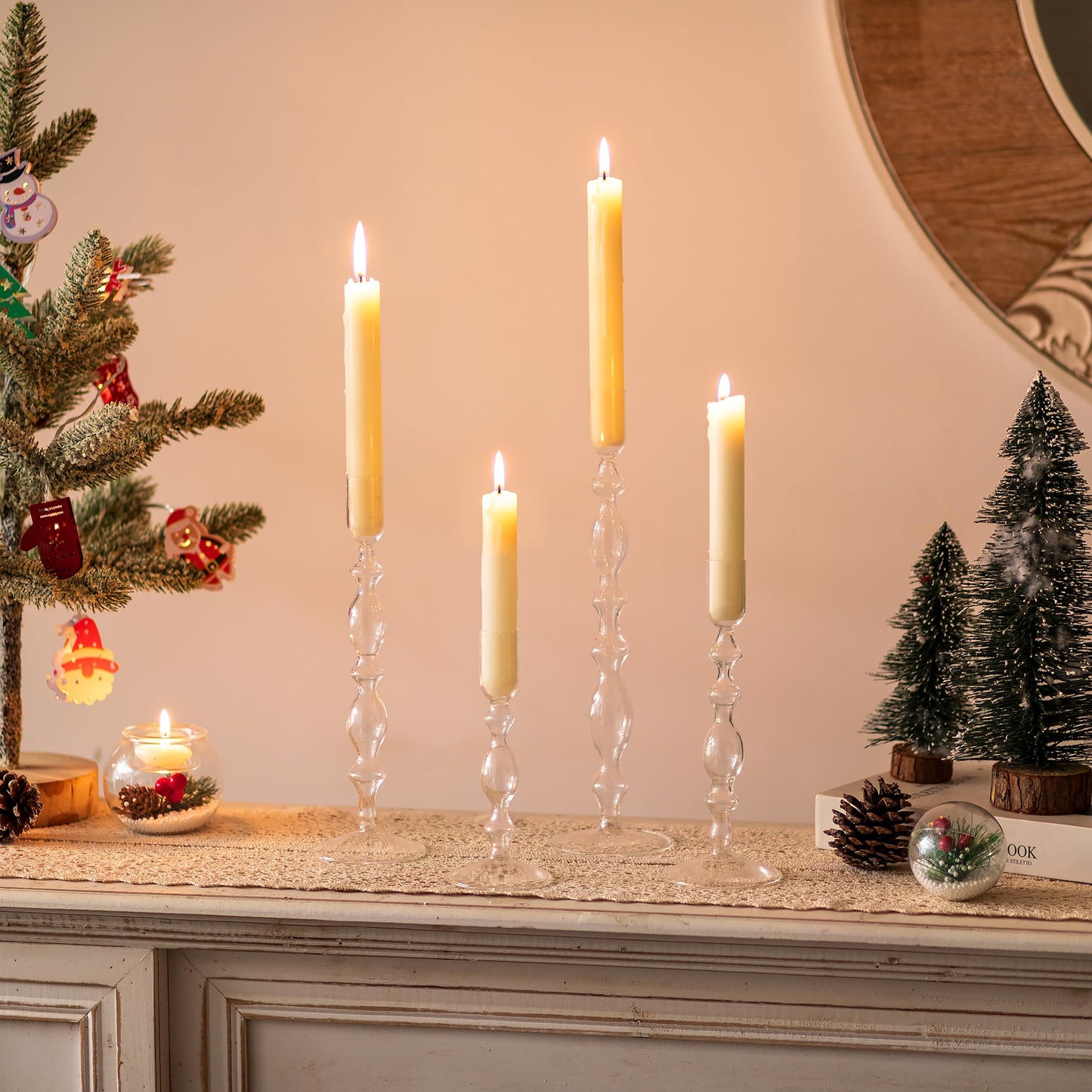 Glasseam Glass Candle Holders for Candlesticks: Clear Taper Candle Holders Set of 4 Modern Candle Stick Holder Tall Candle Holders for Table Centerpiece Wedding Party Dining Room Home Decor