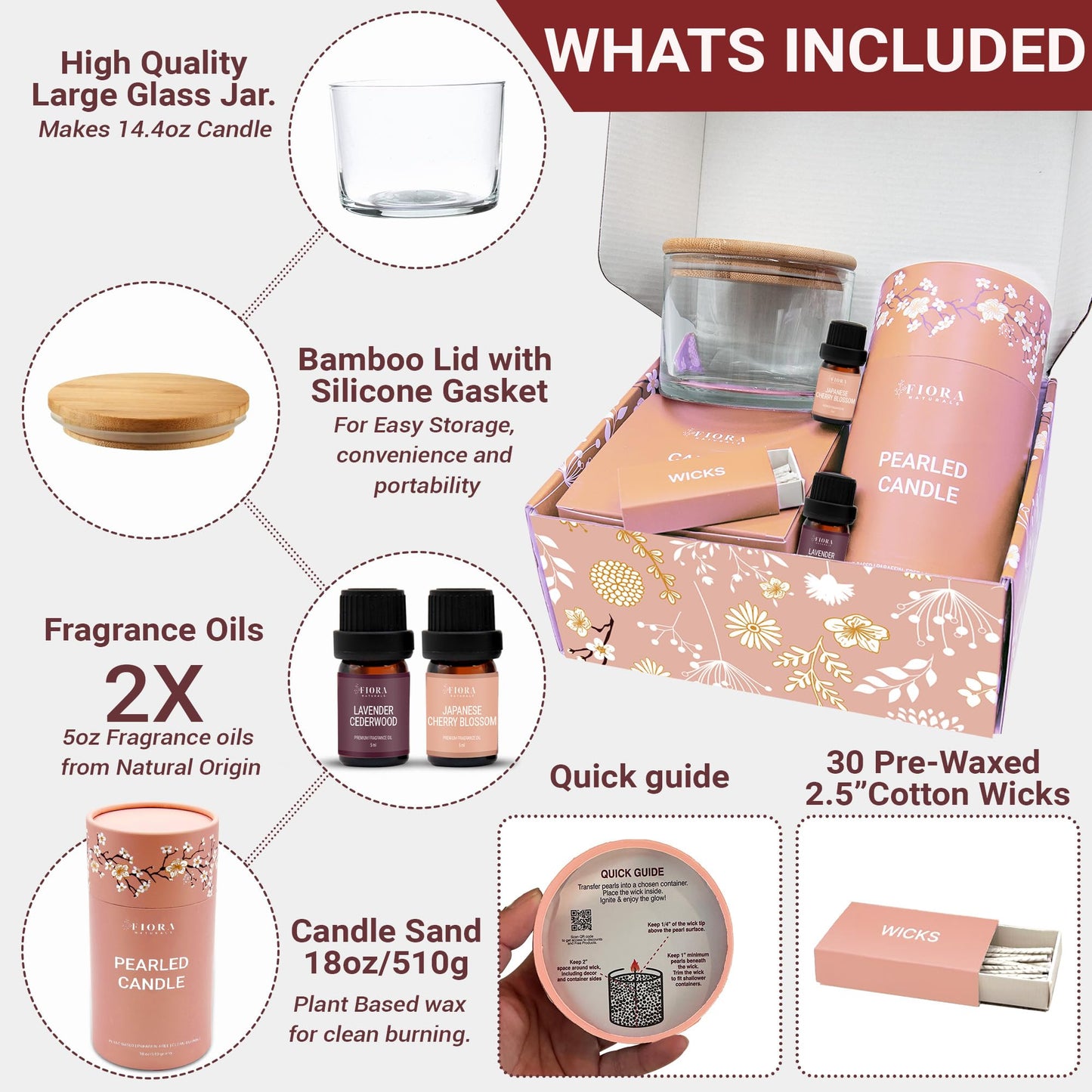 Pearled Candle Sand Gift Set - 18oz Sand Wax, 30 Wicks, 2X Natural Fragrance Oils + Free Large Glass Jar Included - Smoke-Free Powder Snow Candles, Upto 120 Hours Burn Time - DIY Candle Making Kit