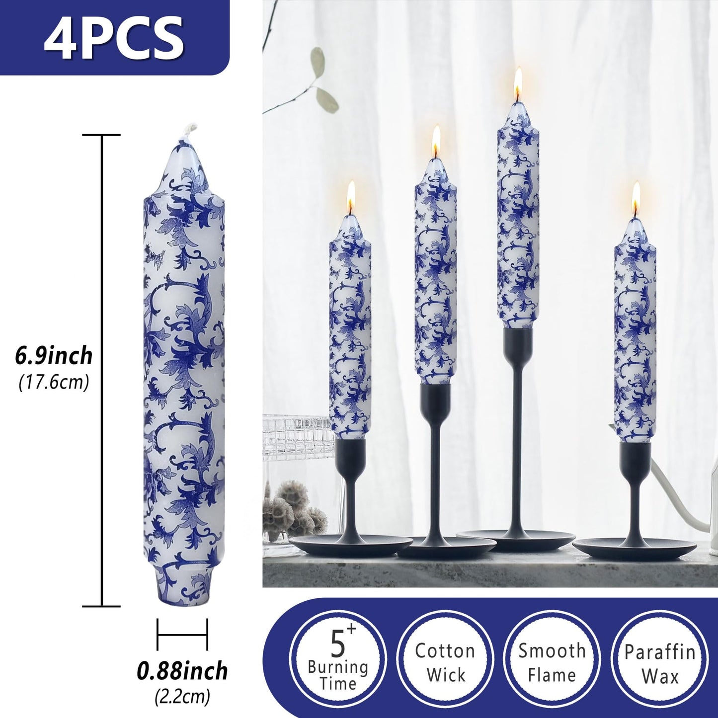 Floral Taper Candles 7inch Unscented Long Chinoiserie Candlesticks Marble Handmade Dripless Candle Sticks for Emergency, Wedding, Home Décor Festive Seasons Holiday 4pcs