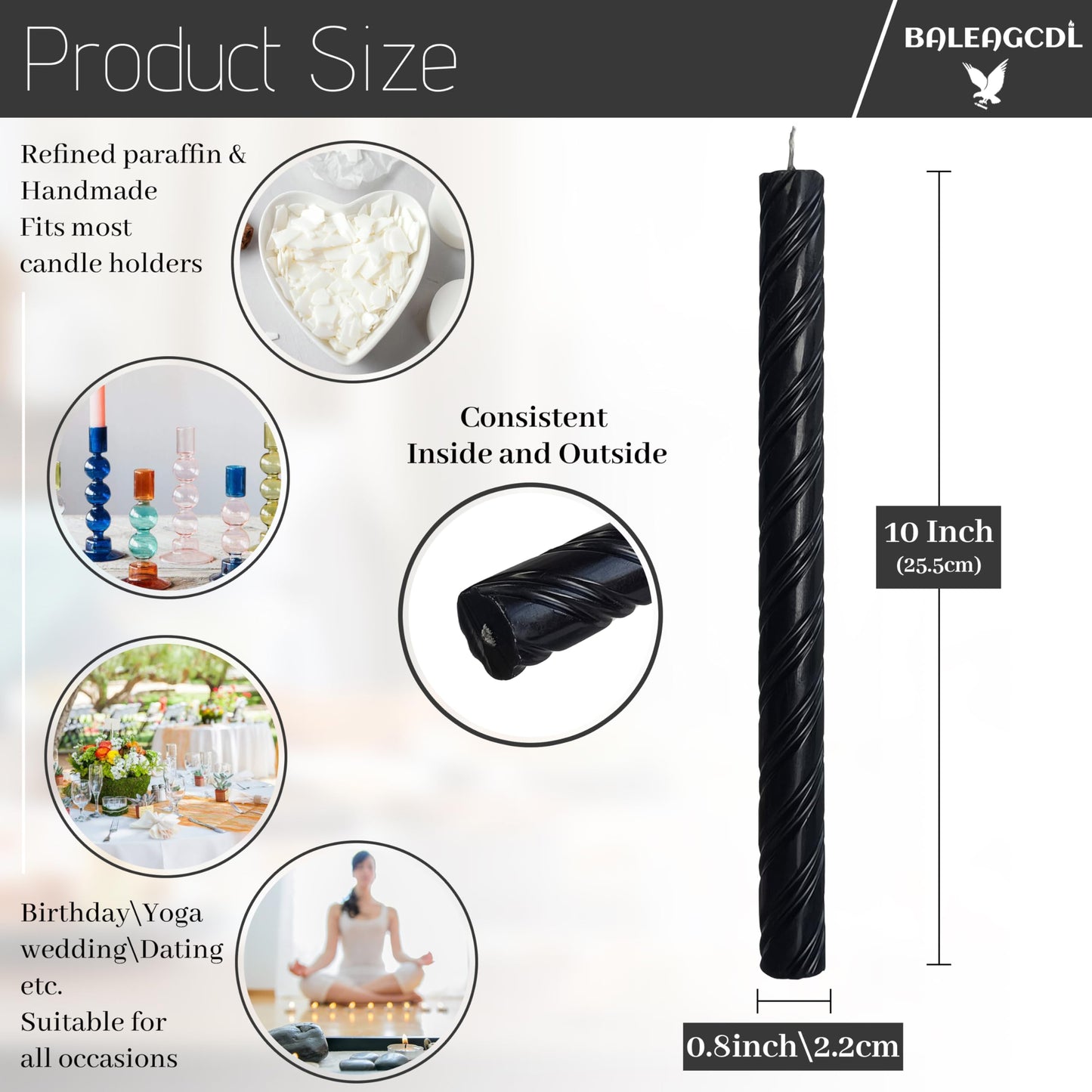 Dripless Twisted Taper Candles Black Smokeless Tall Candlesticks 10 Inch Handmade Long Lasting Burn Candles Unscented Candle Sticks for Party Gifts Home Decor 2 Pcs