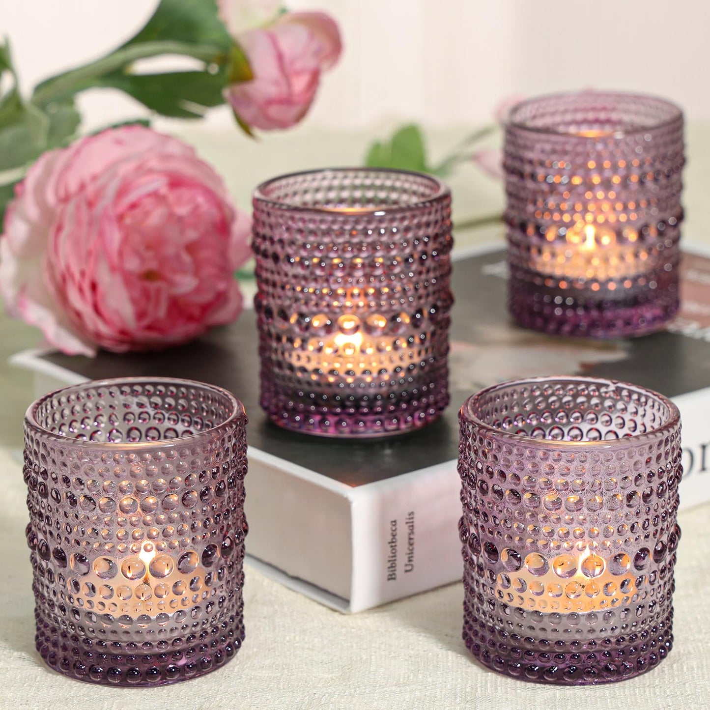 SUPMIND 24 Pcs Votive Candle Holders, Glass Holders Bulk for Table Centerpiece, Tea Lights Candle Holders for Wedding Shower, Party and Home Decor Purple