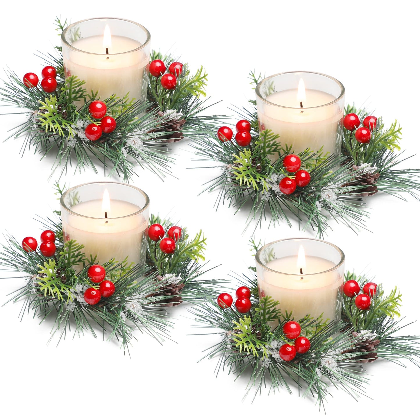 Christmas Candle Ring, 4 Pcs Votive Candle with Red Berry Pinecone, Xmas Ring Candle for Table Centerpiece Decoration Wedding Holiday,Clear