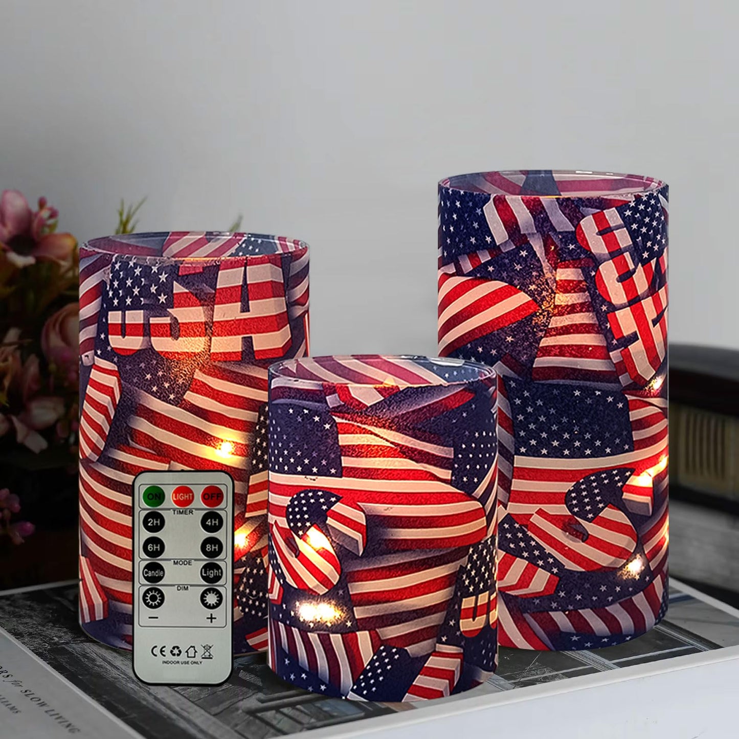 NJAO HOO Patriotic American Flag Flameless LED Battery Operated Pillar Candles with Remote Control and Timer, 4th of July Candles for Home Decor Set of 3