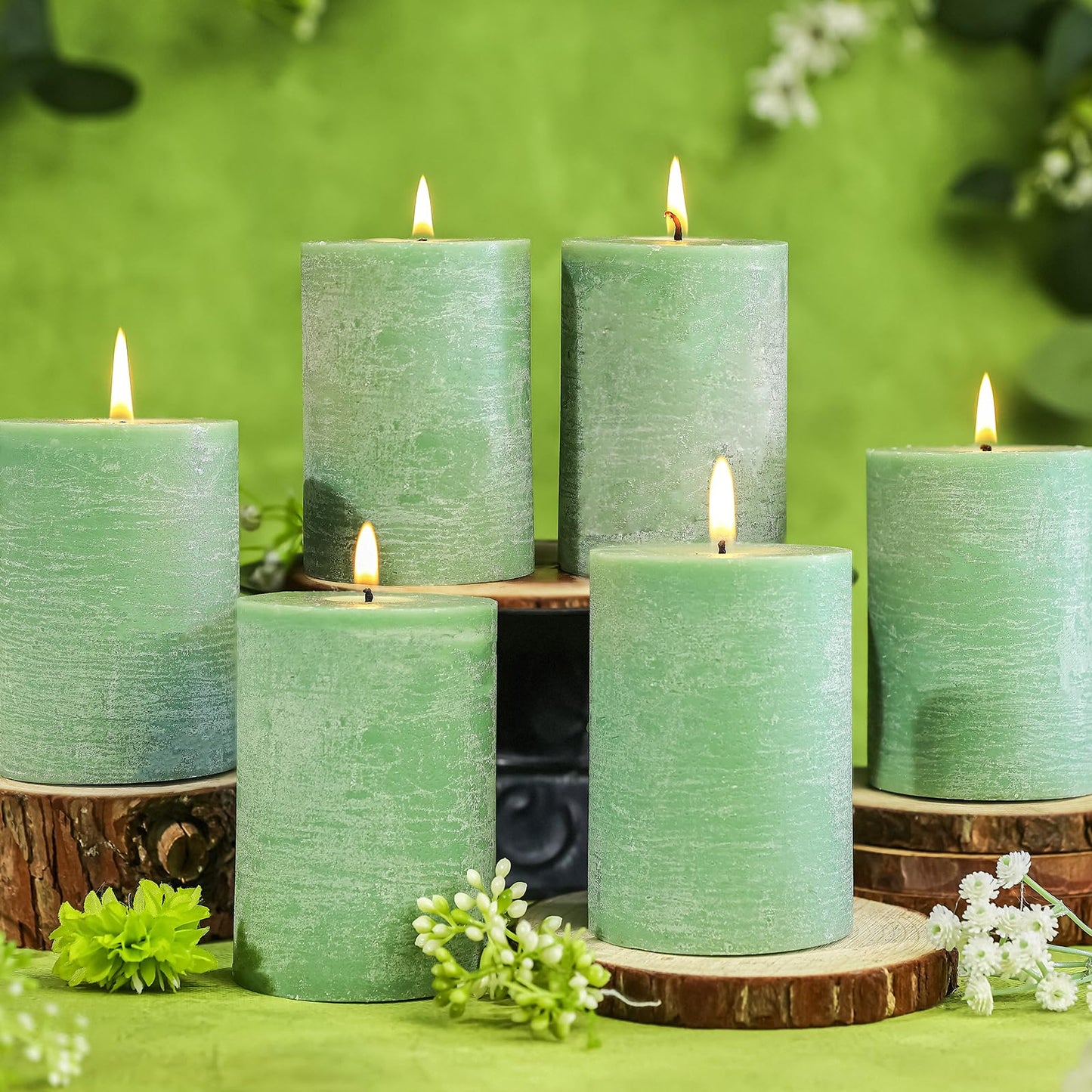 6 Pack Sage Green Soy Pillar Candles - 330H Total Burn Time - 2.8x4” Rustic Textured Natural Wax- Smokeless & Clean Burning Unscented Hand-Poured Candles for Spring Home, Modern Farmhouse Decor