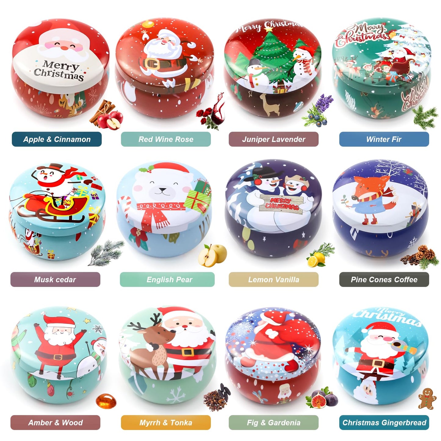 Christmas Scented Candle Gift 12 Pack, Christmas Candles for Home Scented, 100% Natural Soy Wax Long Lasting Jar Aromatherapy Candle Gifts for Mother's Day