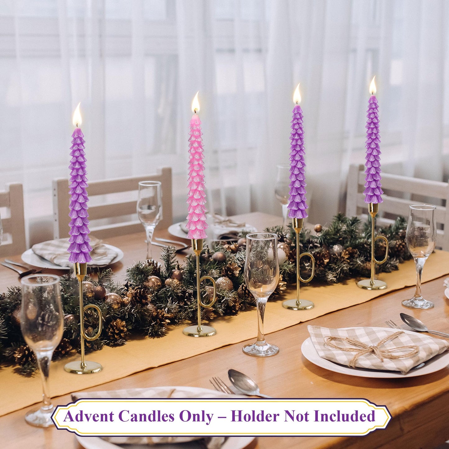 Enhon 4 Pcs Advent Candles Set, 10 Inch Tree Shaped Taper Candles, Unscented Beeswax Christmas Advent Wreath Candle for Xmas, Holiday, Church, Party, or Home Decor (Silver Rim,Purple,Pink)