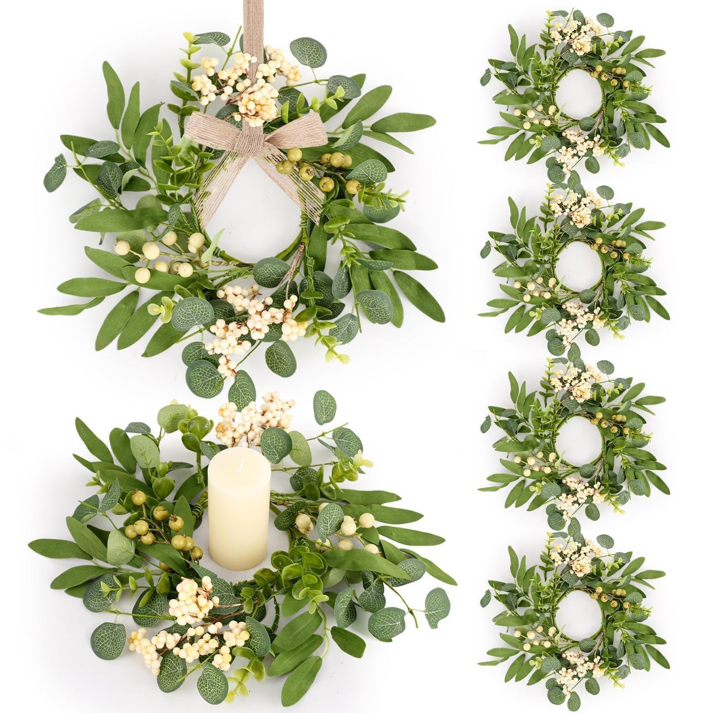 6 Pcs Green Eucalyptus Candle Rings Wreaths Spring Summer Kitchen Cabinet Wreaths Mini Green Berry Leaves Candle Wreath for Pillars Farmhouse Festival Wedding Celebrations Tabletop Decoration