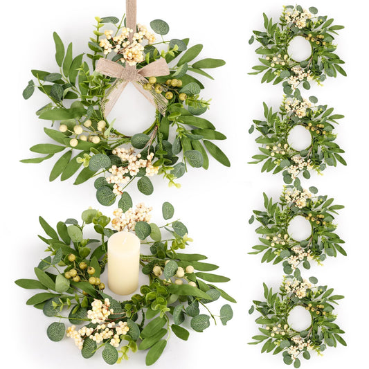 6 Pcs Green Eucalyptus Candle Rings Wreaths Spring Summer Kitchen Cabinet Wreaths Mini Green Berry Leaves Candle Wreath for Pillars Farmhouse Festival Wedding Celebrations Tabletop Decoration