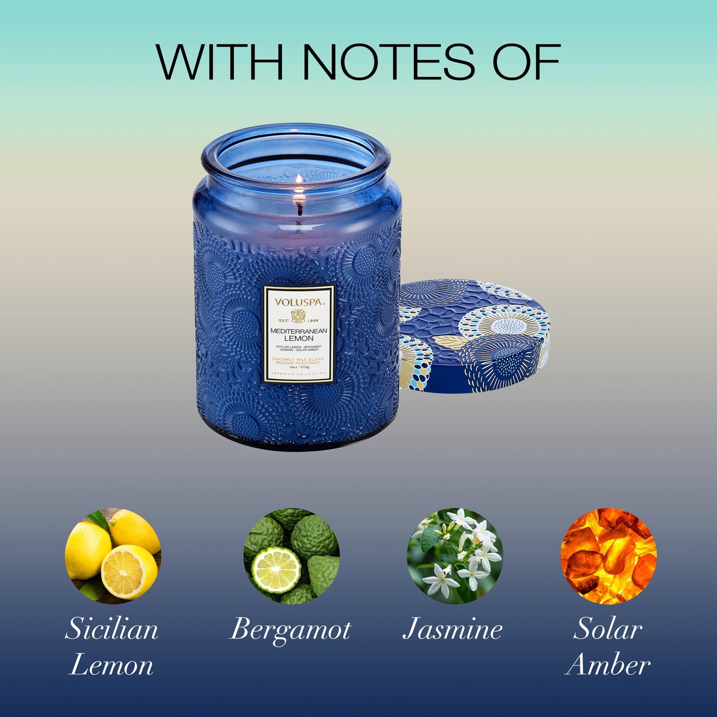 Voluspa Mediterranean Lemon Candle Jar, 18 oz, Coconut Wax Blend, Large Scented Candles for Home, 100 Hour Burn Time, Poured in the USA