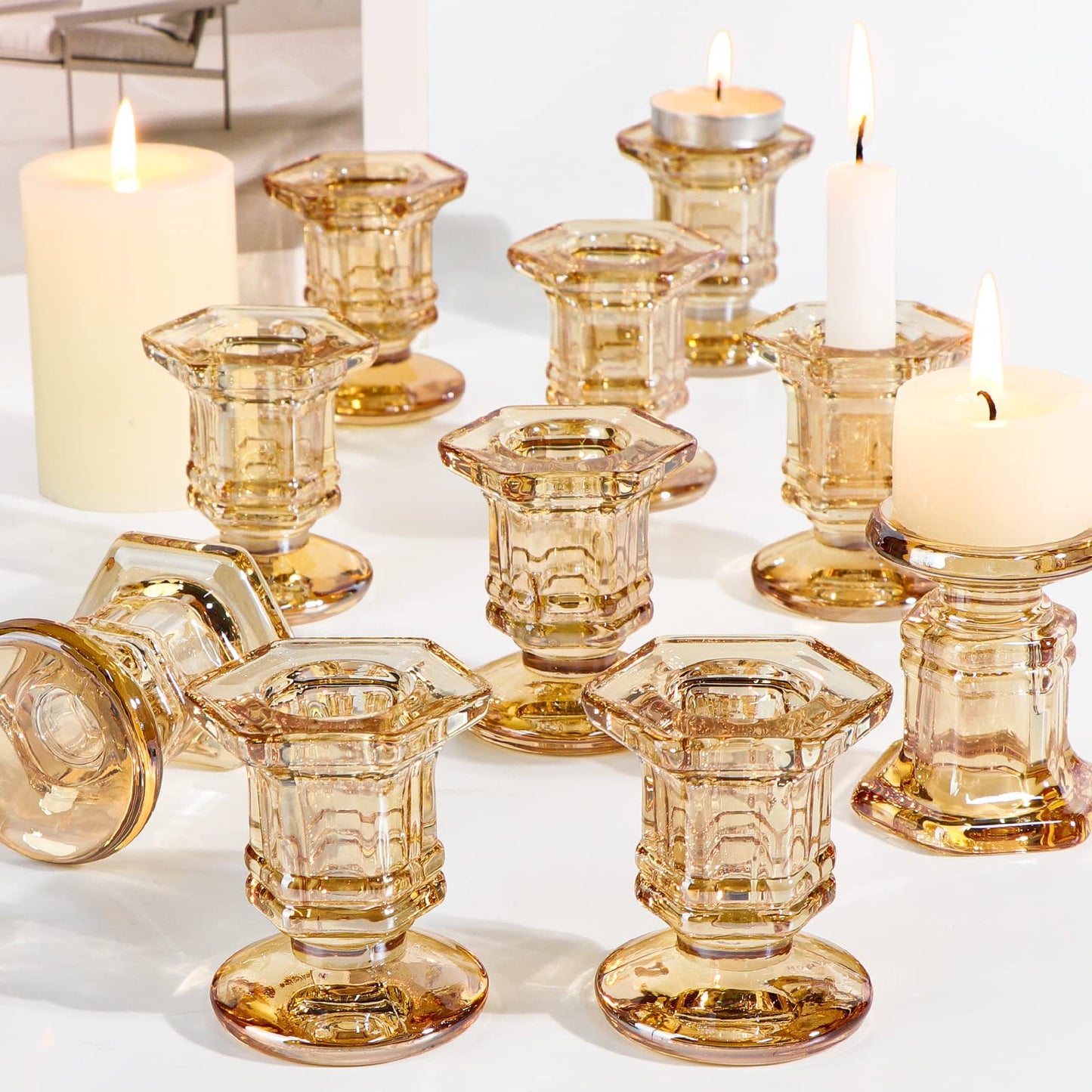 Lanttu 12 Pcs Gold Glass Candle Holders Set, Candlestick Holders Bulk, Taper Candle Holders for Wedding, Festival Table Centerpiece,Home Decoration