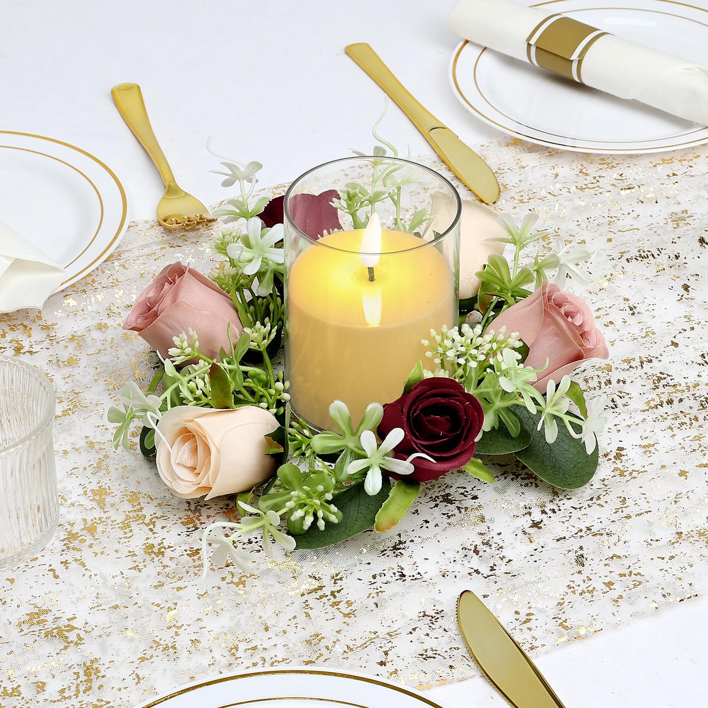Tobilu 6 Sets Rose Candle Rings Wreaths - Artificial Flowers Rings with Green Leaves LED Flameless Candles for Centerpiece Wedding Home Banquet Party Decor, Burgundy Pink Champagne