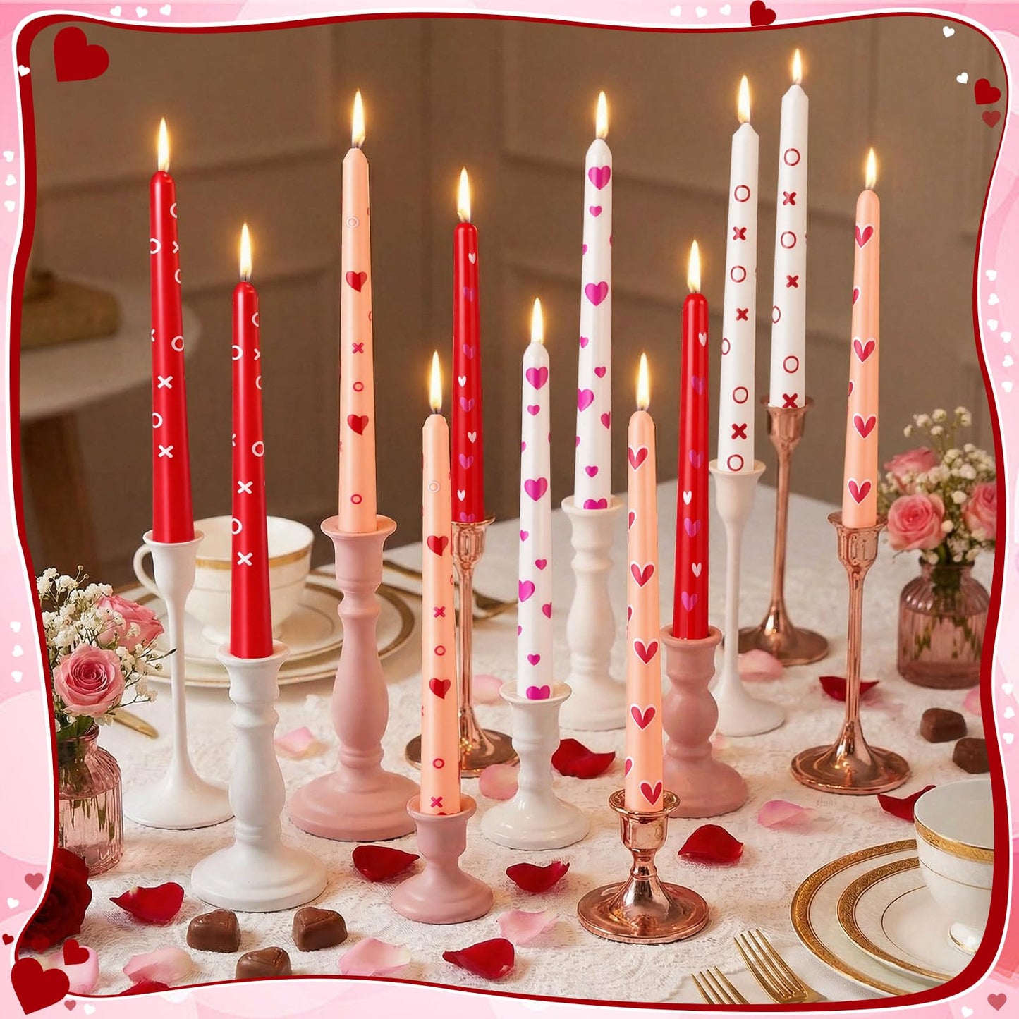 Nuanchu 12 Pcs Valentines Heart Taper Candles Valentine's Day Pink Red Heart Decorative Candles Scented Long Unscented Candlesticks for Wedding Anniversary Birthday Party Holiday Table Decor
