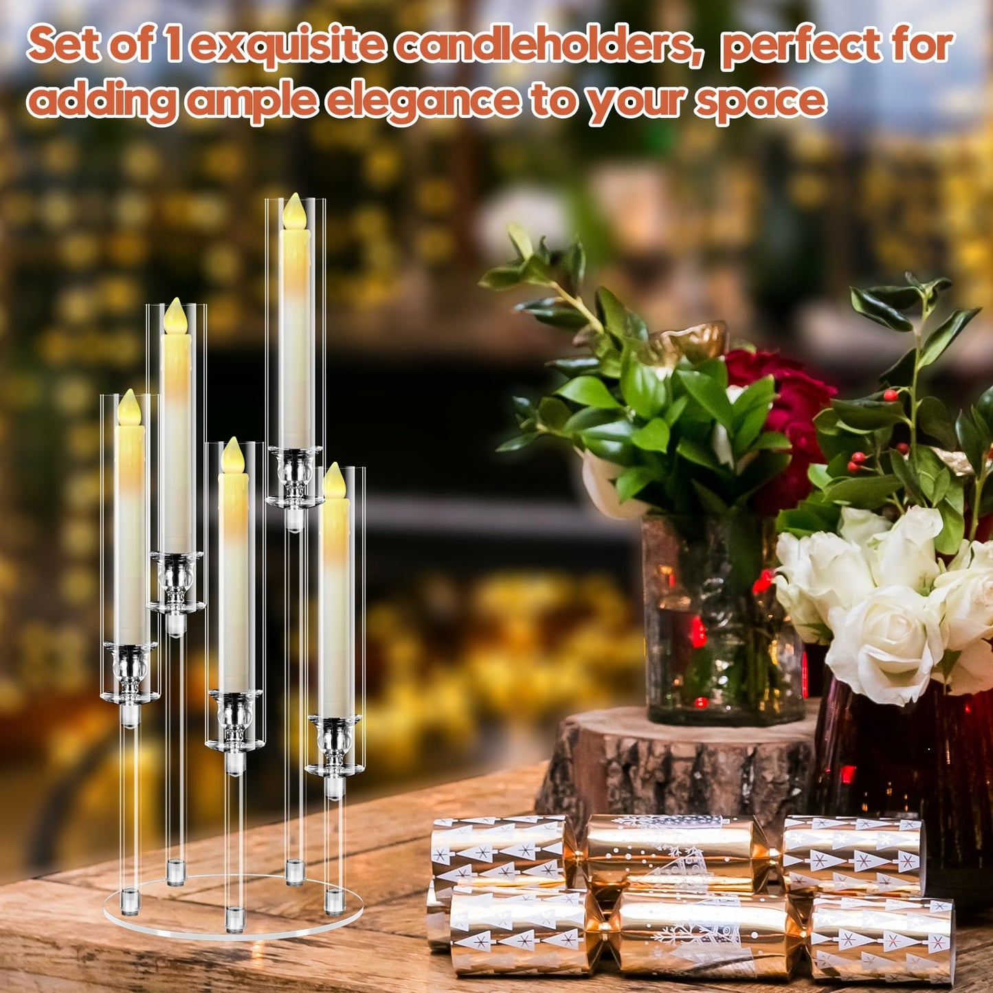 2 Set 5 Arm Acrylic Candle Holder with Candles, Mjkeomo 22.8'' Tall Table Candelabra Centerpiece, Lightweight Candelabra with Lampshades for Fireplace Mantel, Wedding, Housewarming Gift