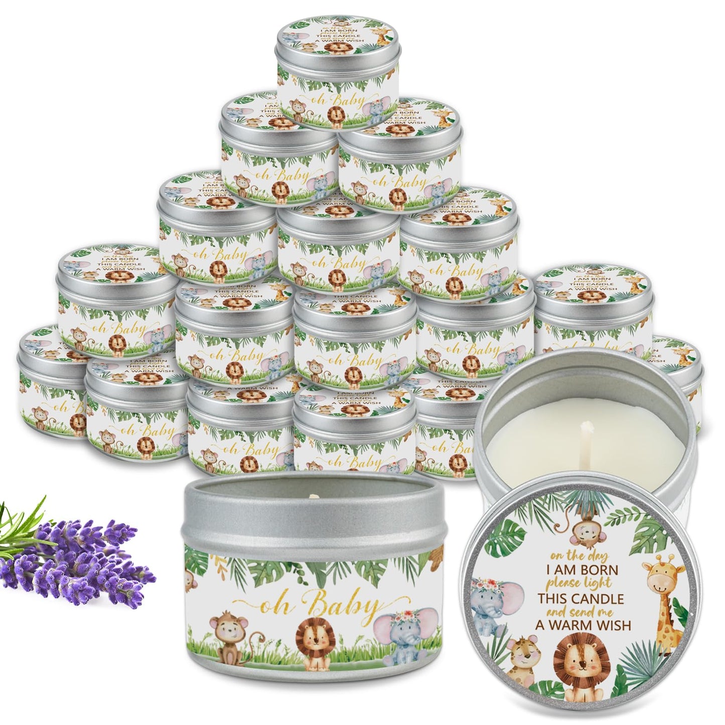 Nlicrst 24Pcs Jungle Animal Baby Shower Party Candles, Lavender Scented Candles for Baby Shower Favors, Christening & Birthday Parties, Gender Reveal Return Gifts